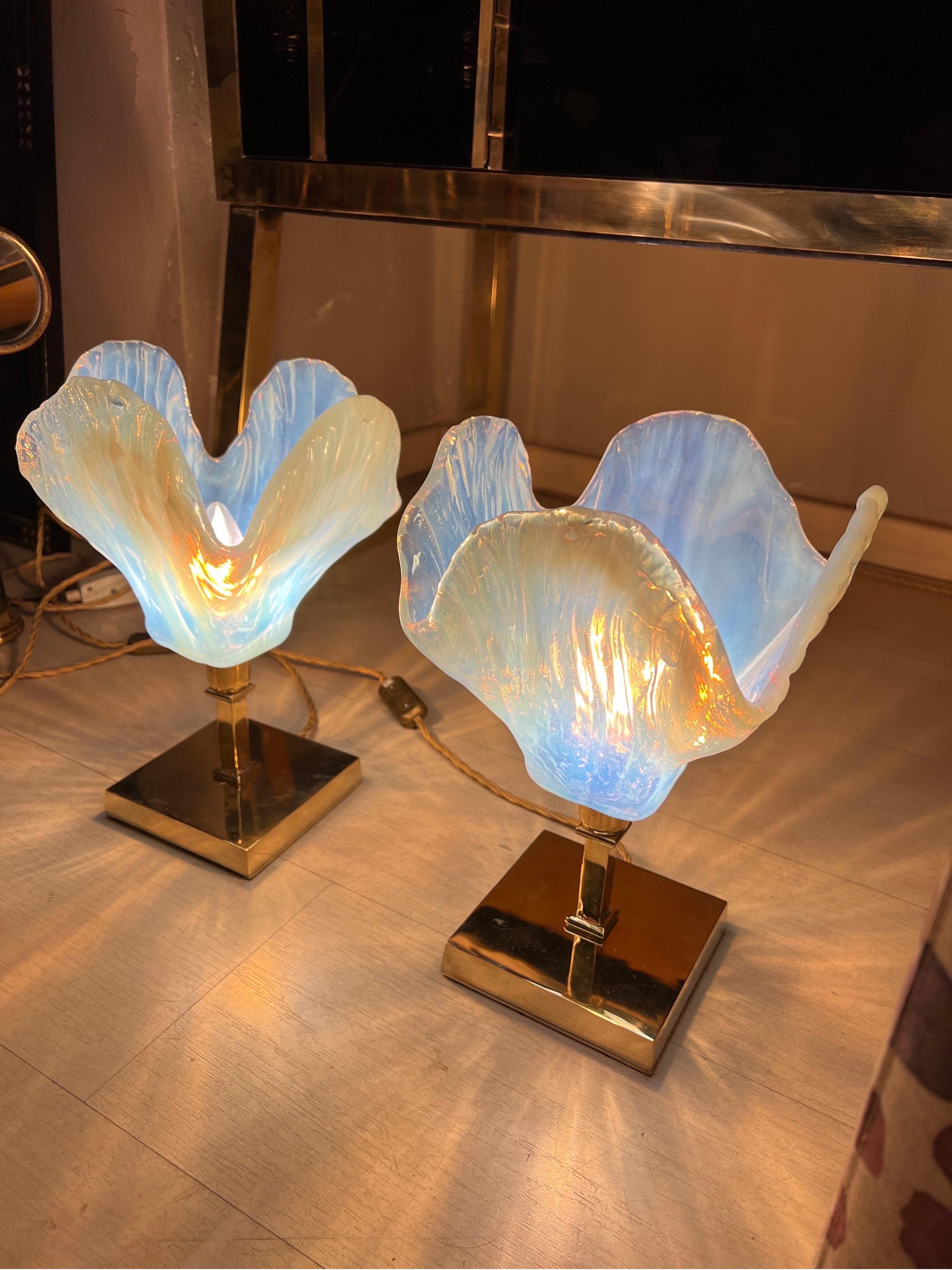 Brass Pair of Vintage Light Blue Murano Glass Flower Table Lamps, 1950s