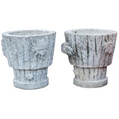 Pair of Vintage Limestone Faux Bois Planters