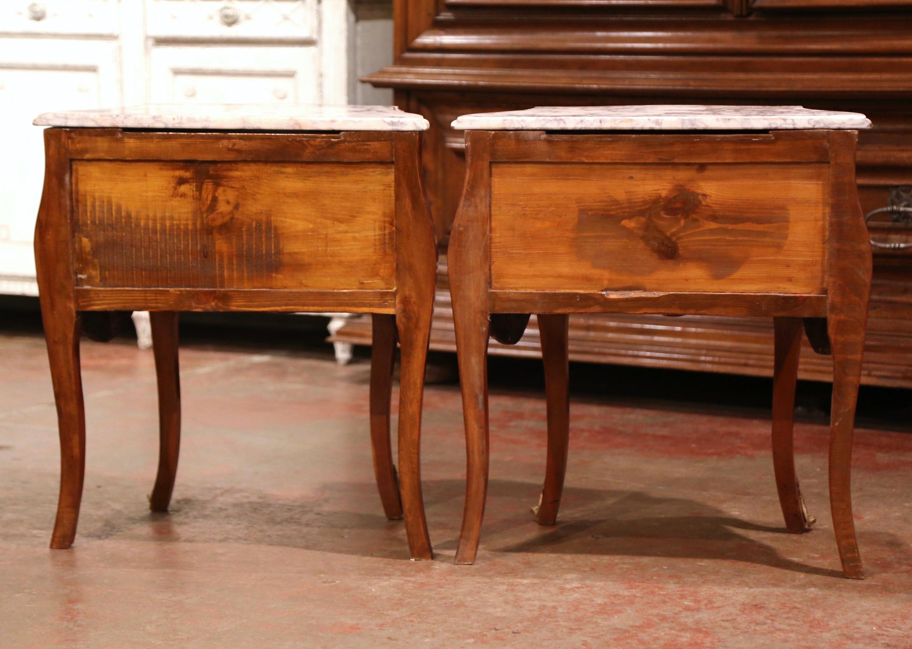 Pair of Vintage Louis XV Burl Walnut Bombe Nightstands Chests with Marble Top 4