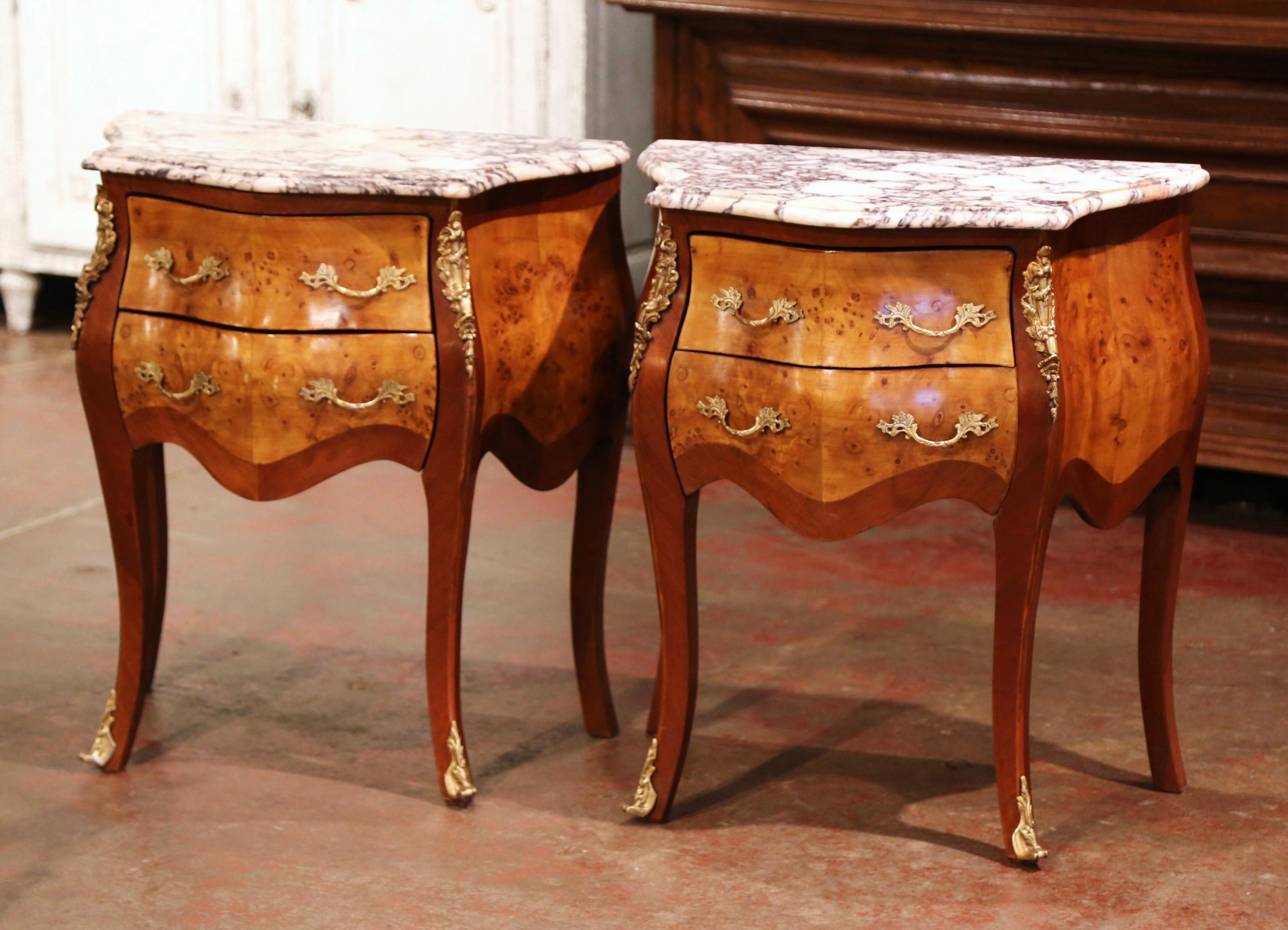 French Pair of Vintage Louis XV Burl Walnut Bombe Nightstands Chests with Marble Top