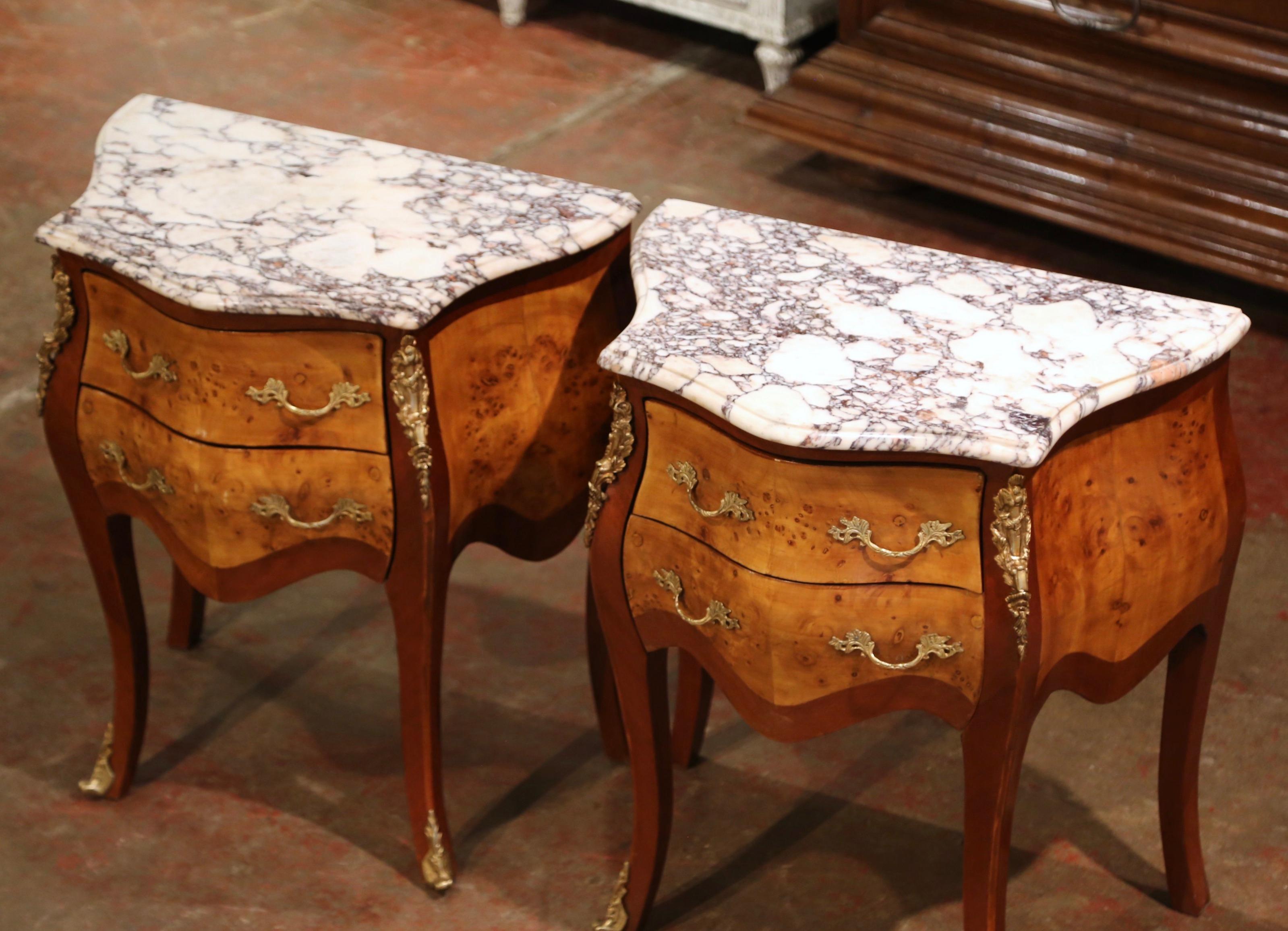 Hand-Carved Pair of Vintage Louis XV Burl Walnut Bombe Nightstands Chests with Marble Top