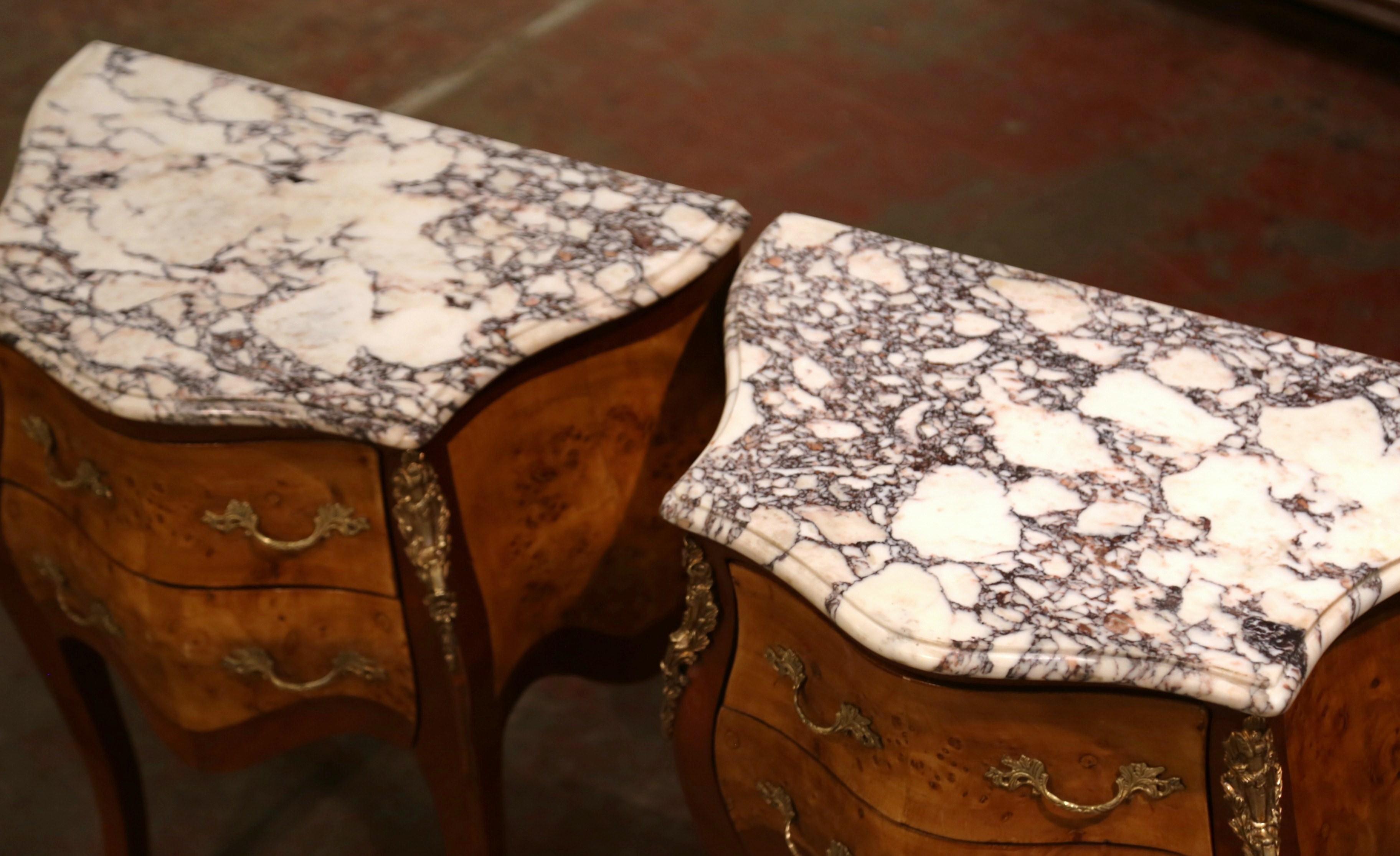 20th Century Pair of Vintage Louis XV Burl Walnut Bombe Nightstands Chests with Marble Top