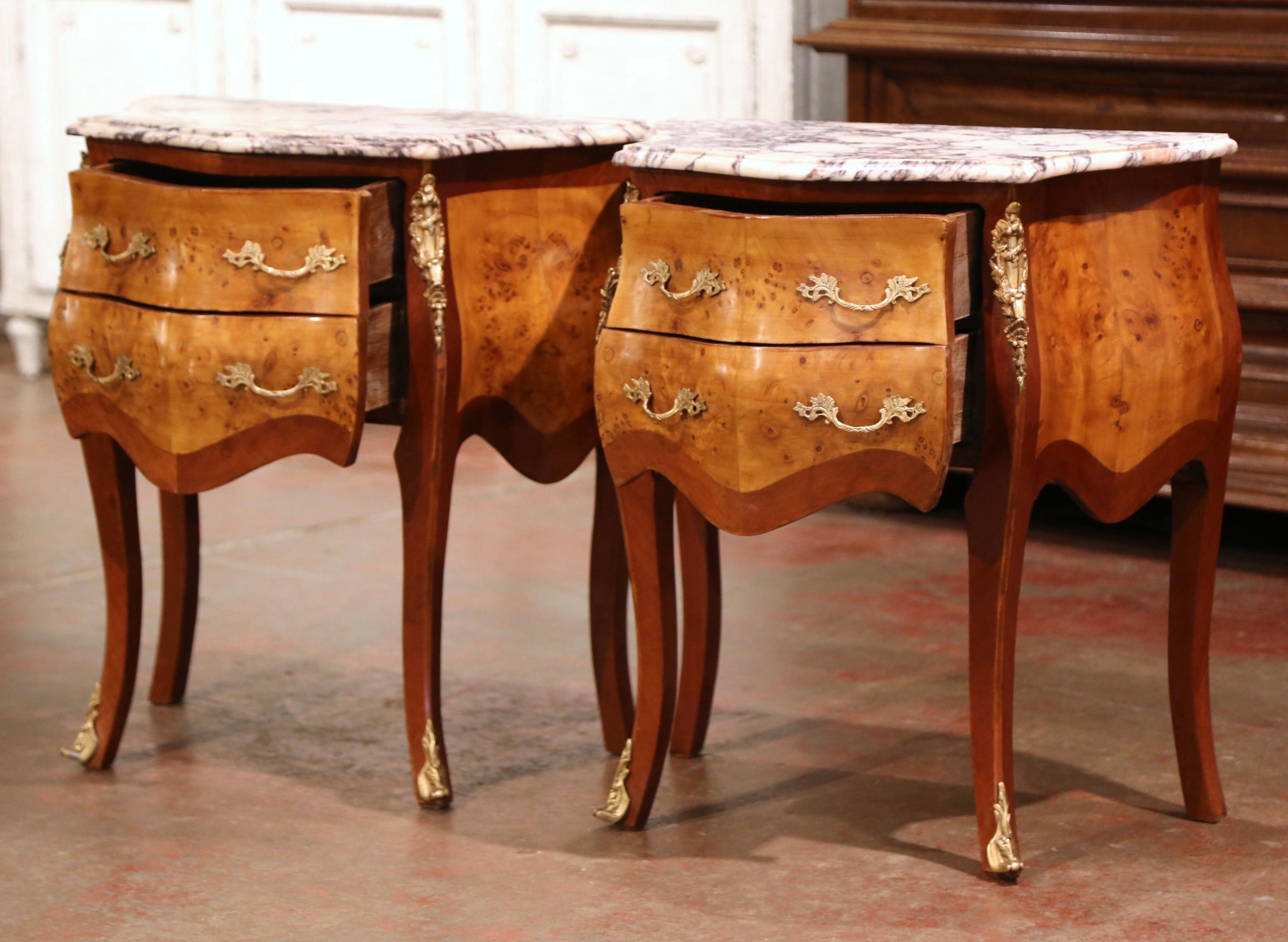Pair of Vintage Louis XV Burl Walnut Bombe Nightstands Chests with Marble Top 1