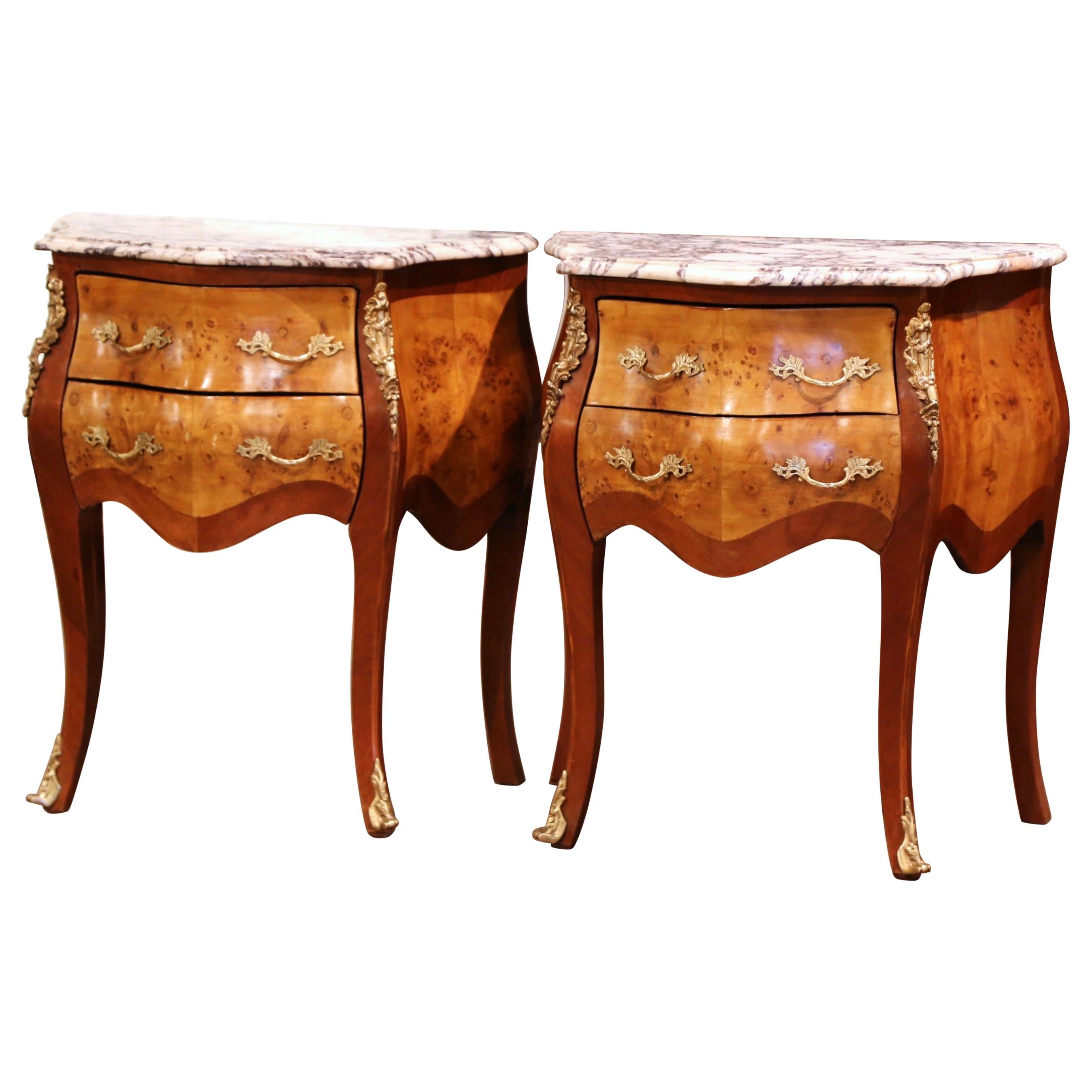 Pair of Vintage Louis XV Burl Walnut Bombe Nightstands Chests with Marble Top
