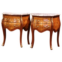 Pair of Vintage Louis XV Burl Walnut Bombe Nightstands Chests with Marble Top