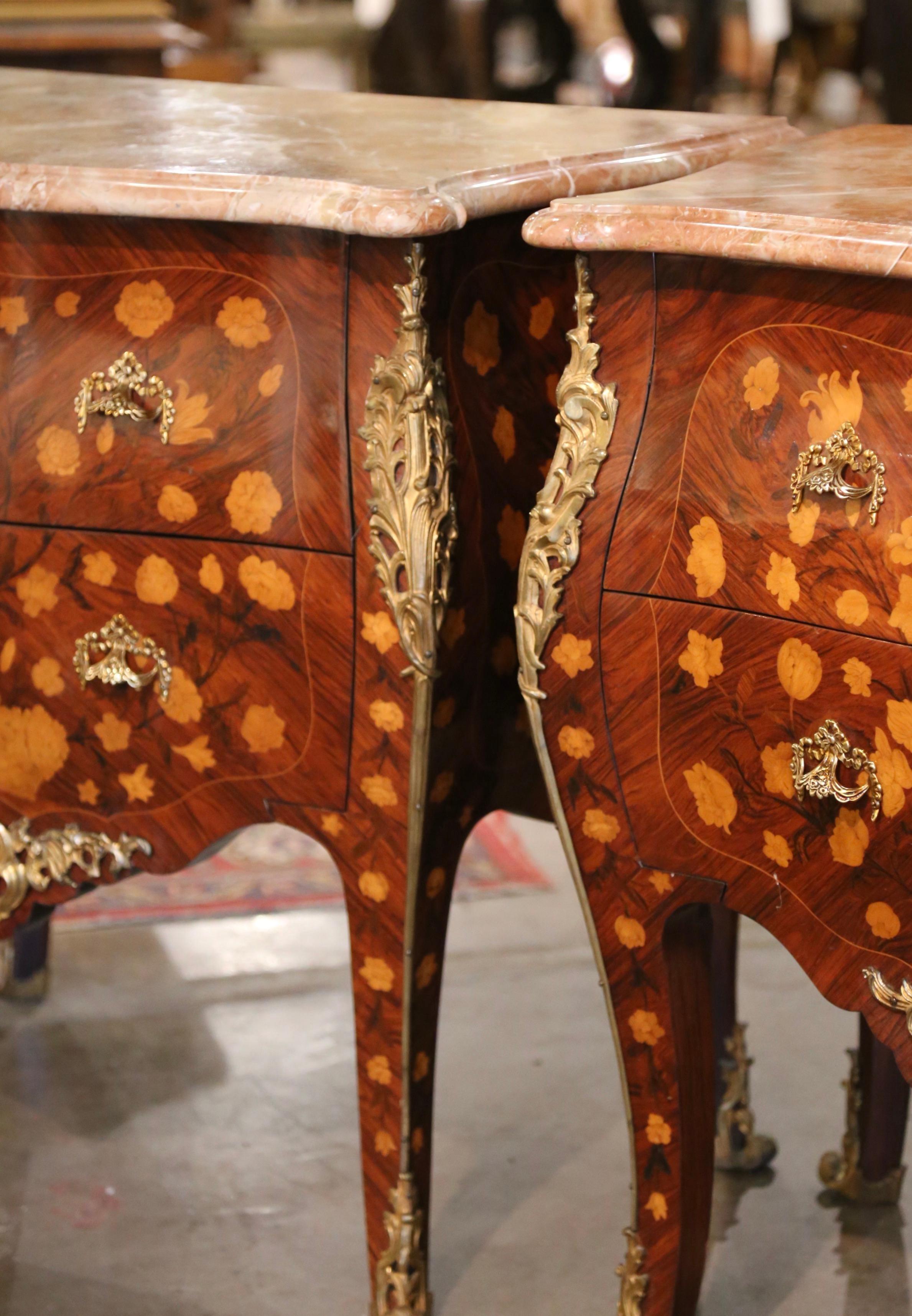 Pair of Vintage Louis XV Marble Top Marquetry and Ormolu Bombe Chests of Drawers For Sale 3