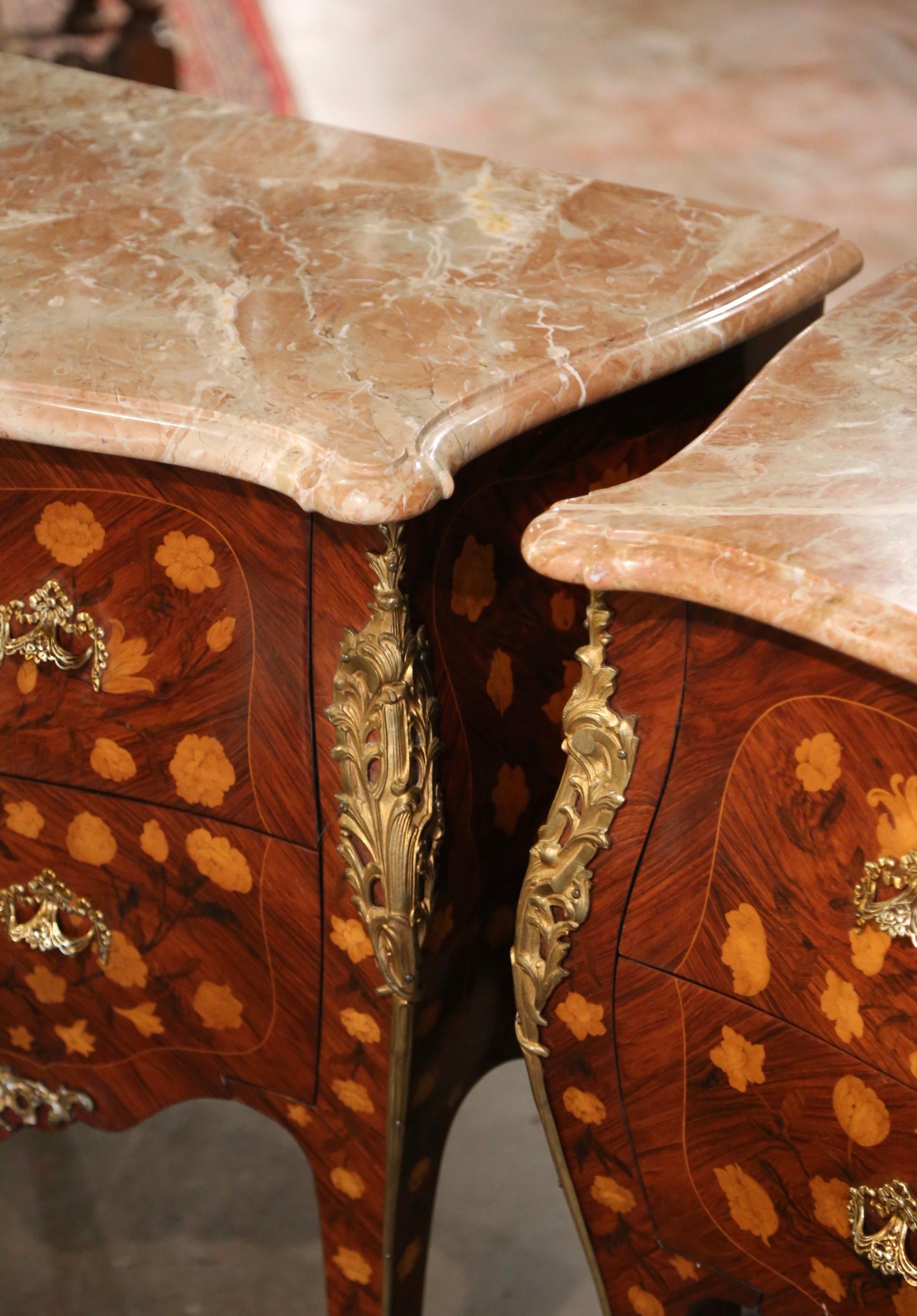 Pair of Vintage Louis XV Marble Top Marquetry and Ormolu Bombe Chests of Drawers For Sale 4