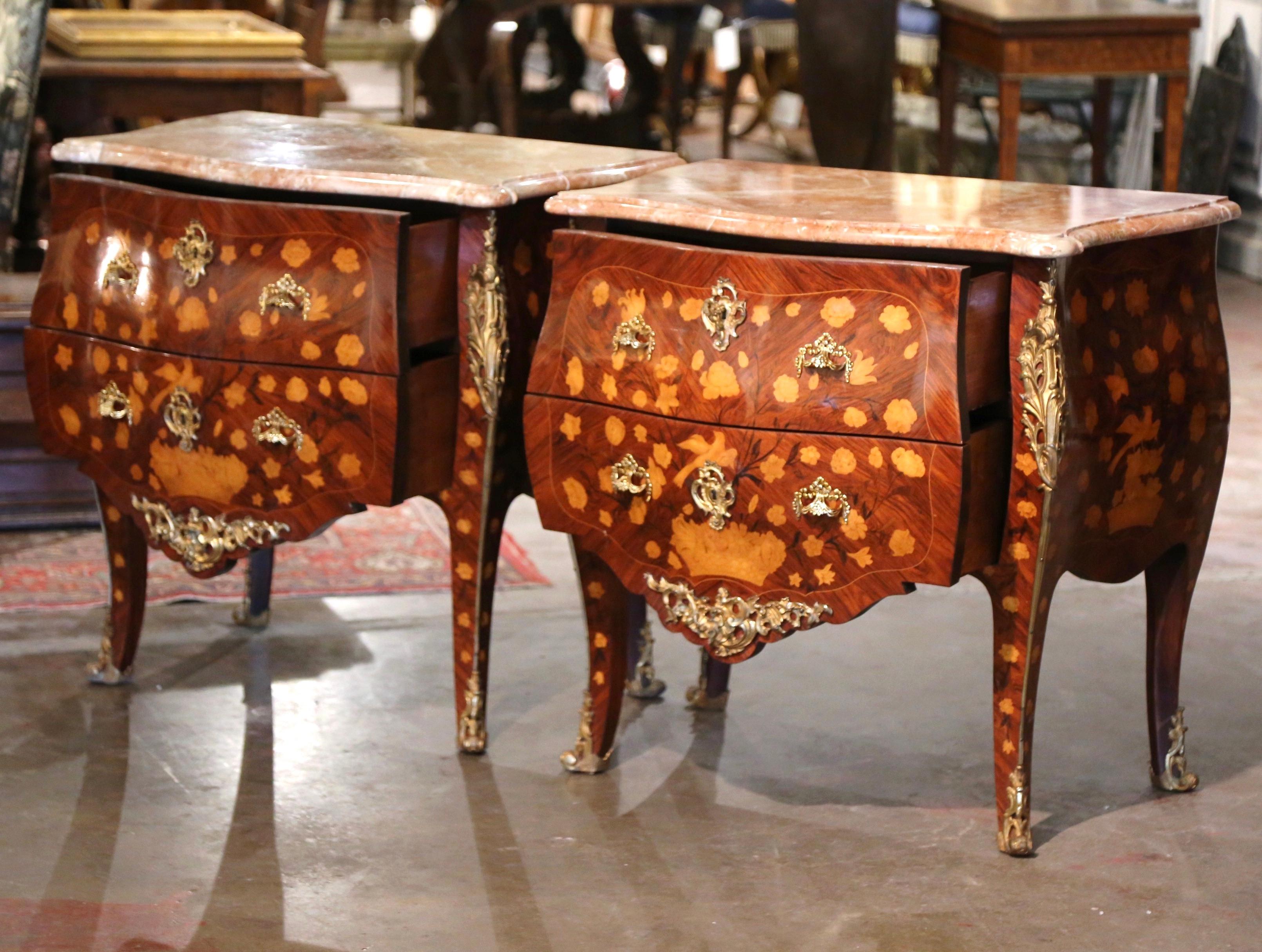 Pair of Vintage Louis XV Marble Top Marquetry and Ormolu Bombe Chests of Drawers For Sale 7