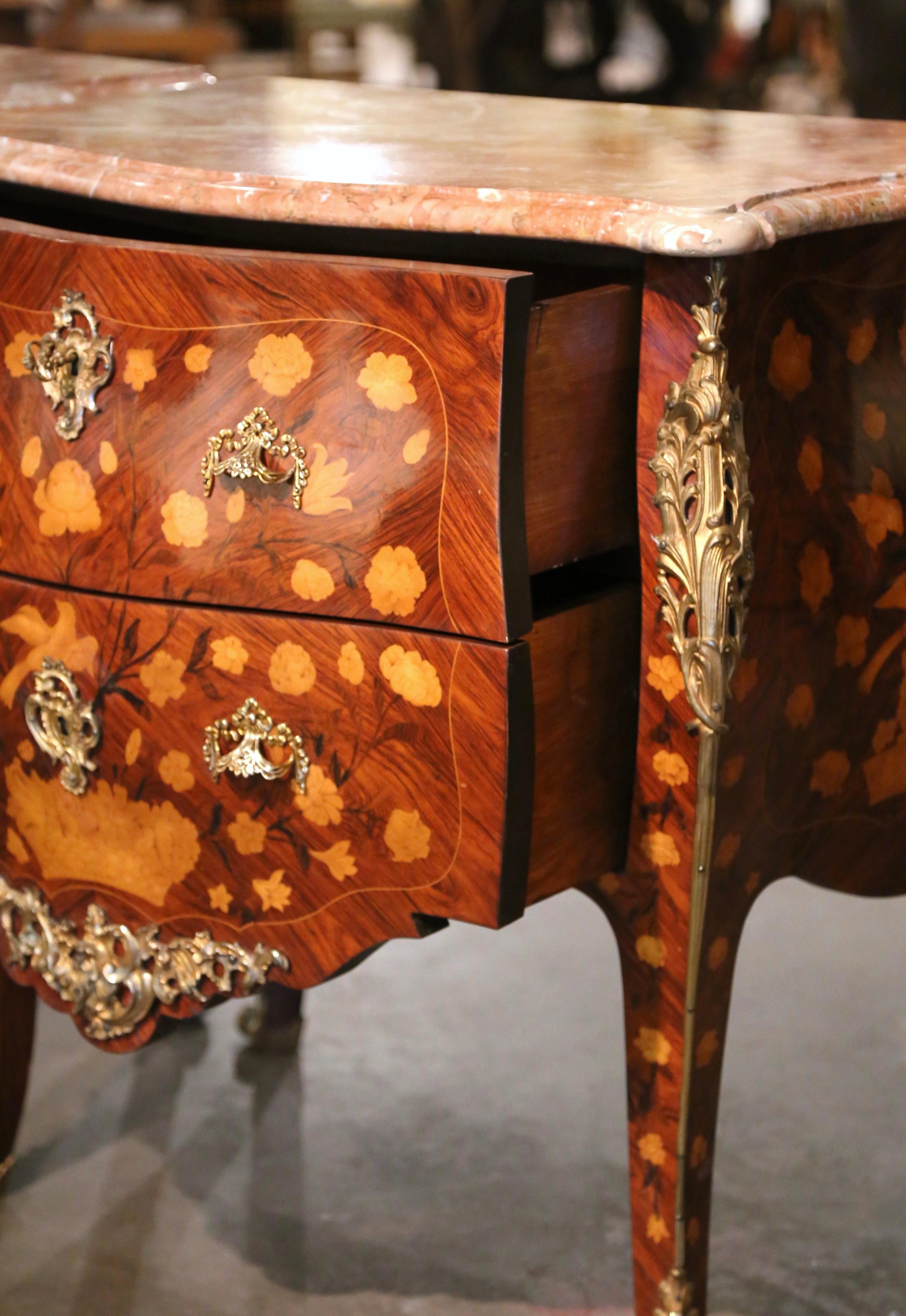 Pair of Vintage Louis XV Marble Top Marquetry and Ormolu Bombe Chests of Drawers For Sale 9