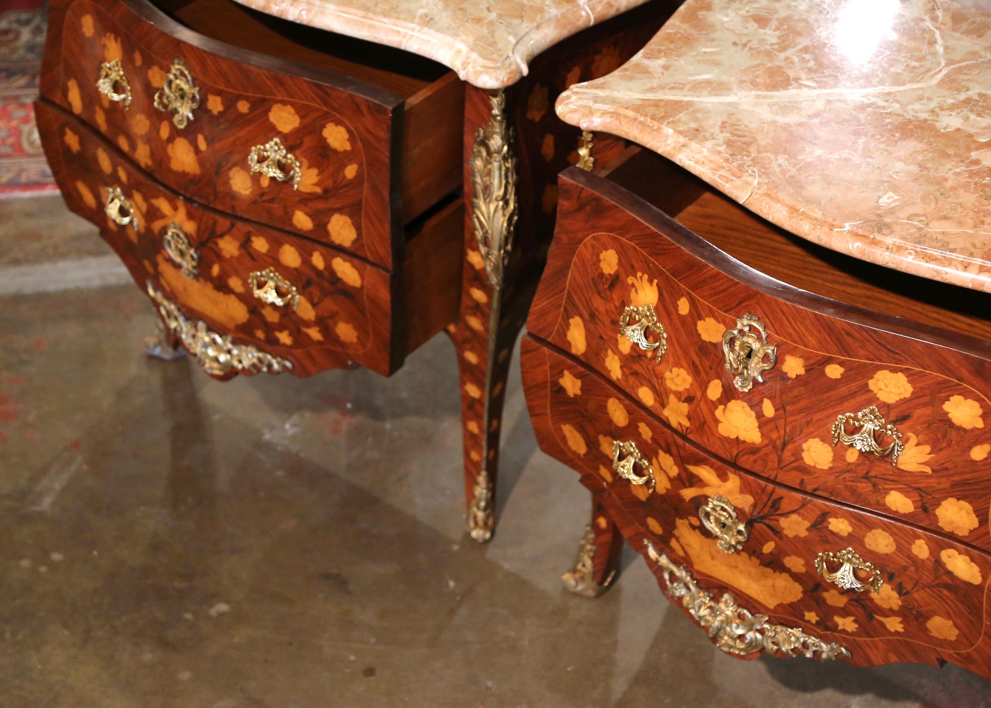 Pair of Vintage Louis XV Marble Top Marquetry and Ormolu Bombe Chests of Drawers For Sale 10