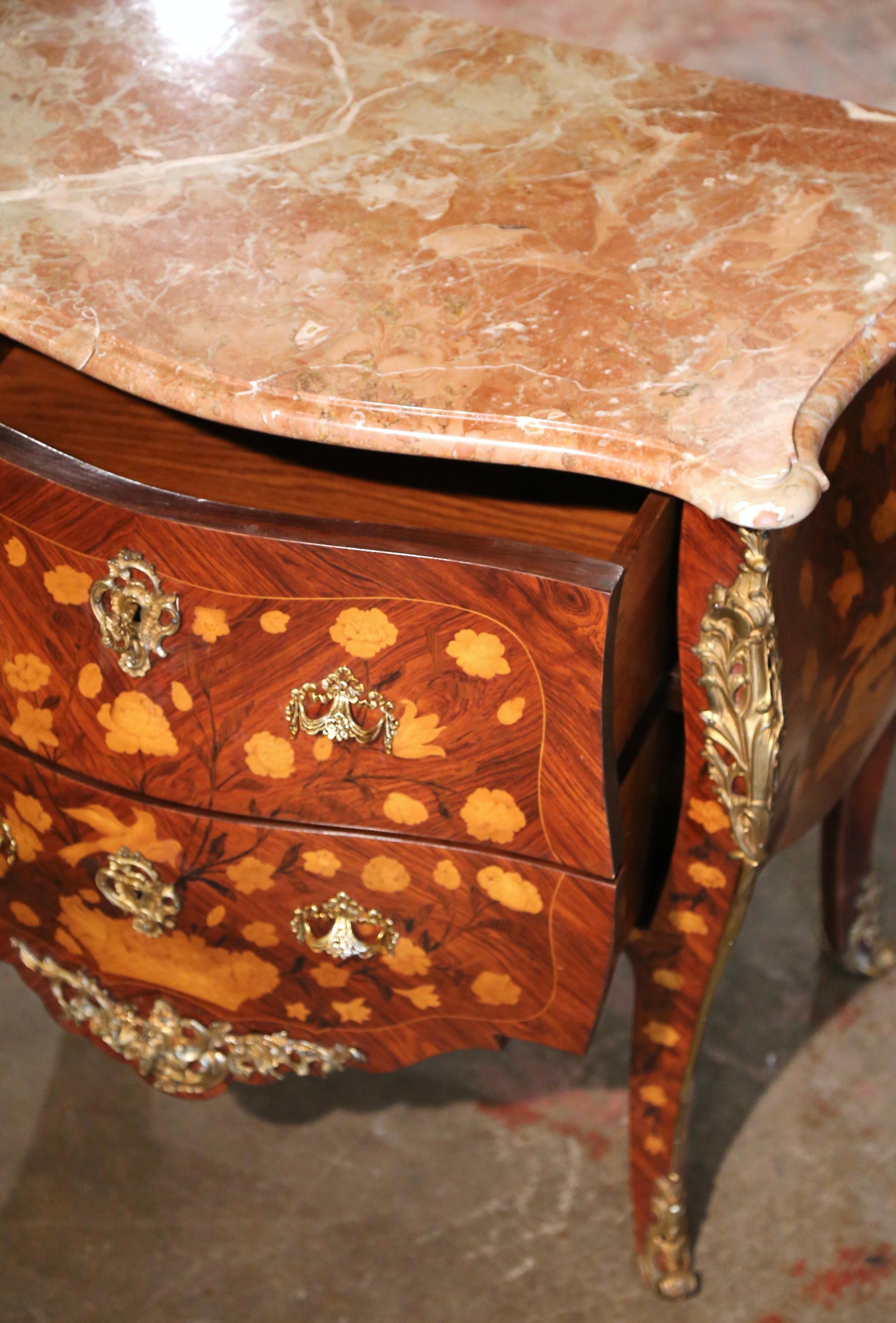 Pair of Vintage Louis XV Marble Top Marquetry and Ormolu Bombe Chests of Drawers For Sale 11