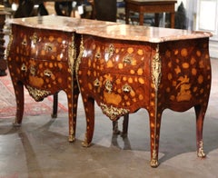 Pair of Vintage Louis XV Marble Top Marquetry and Ormolu Bombe Chests of Drawers