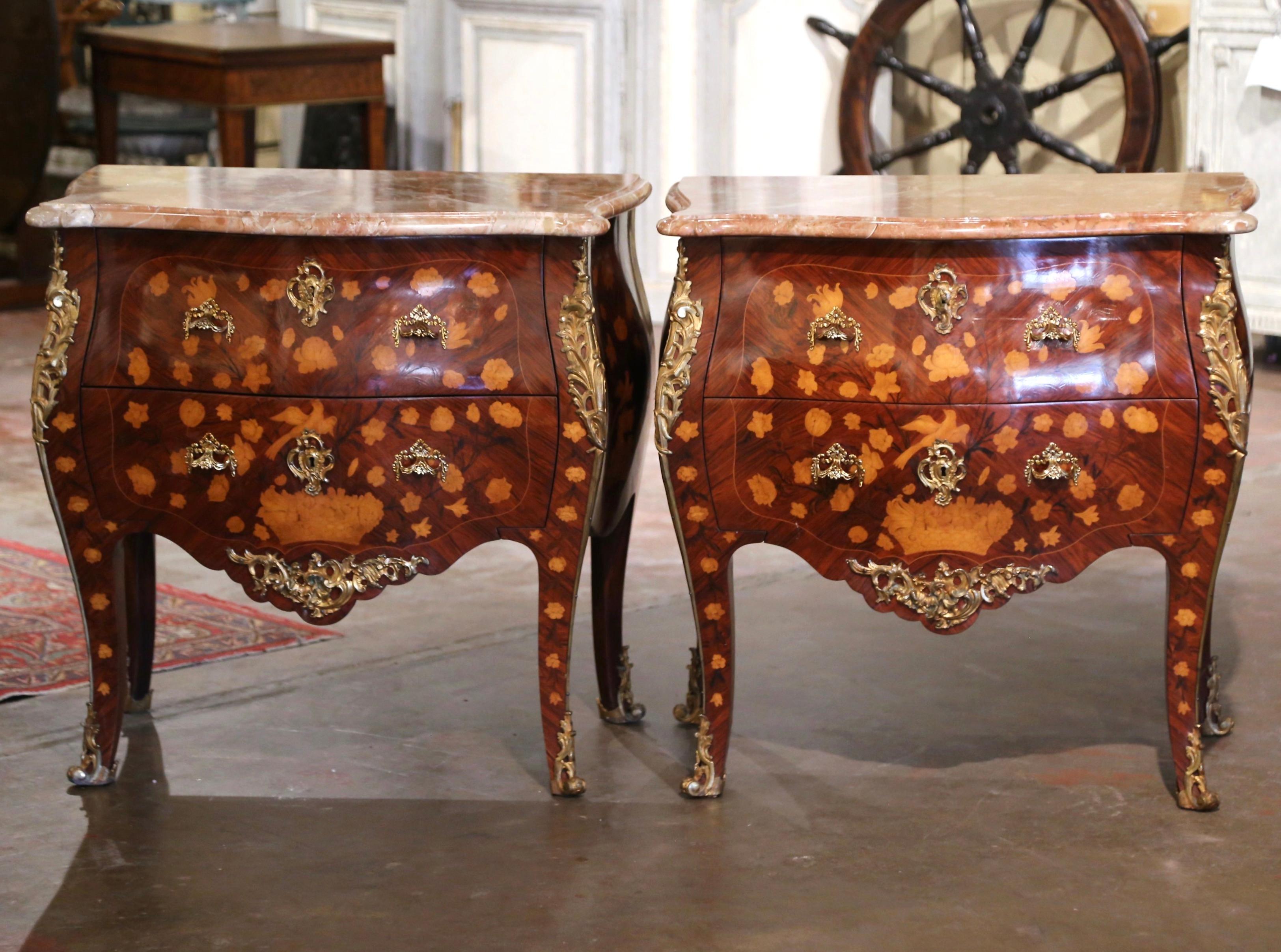 French Pair of Vintage Louis XV Marble Top Marquetry and Ormolu Bombe Chests of Drawers For Sale