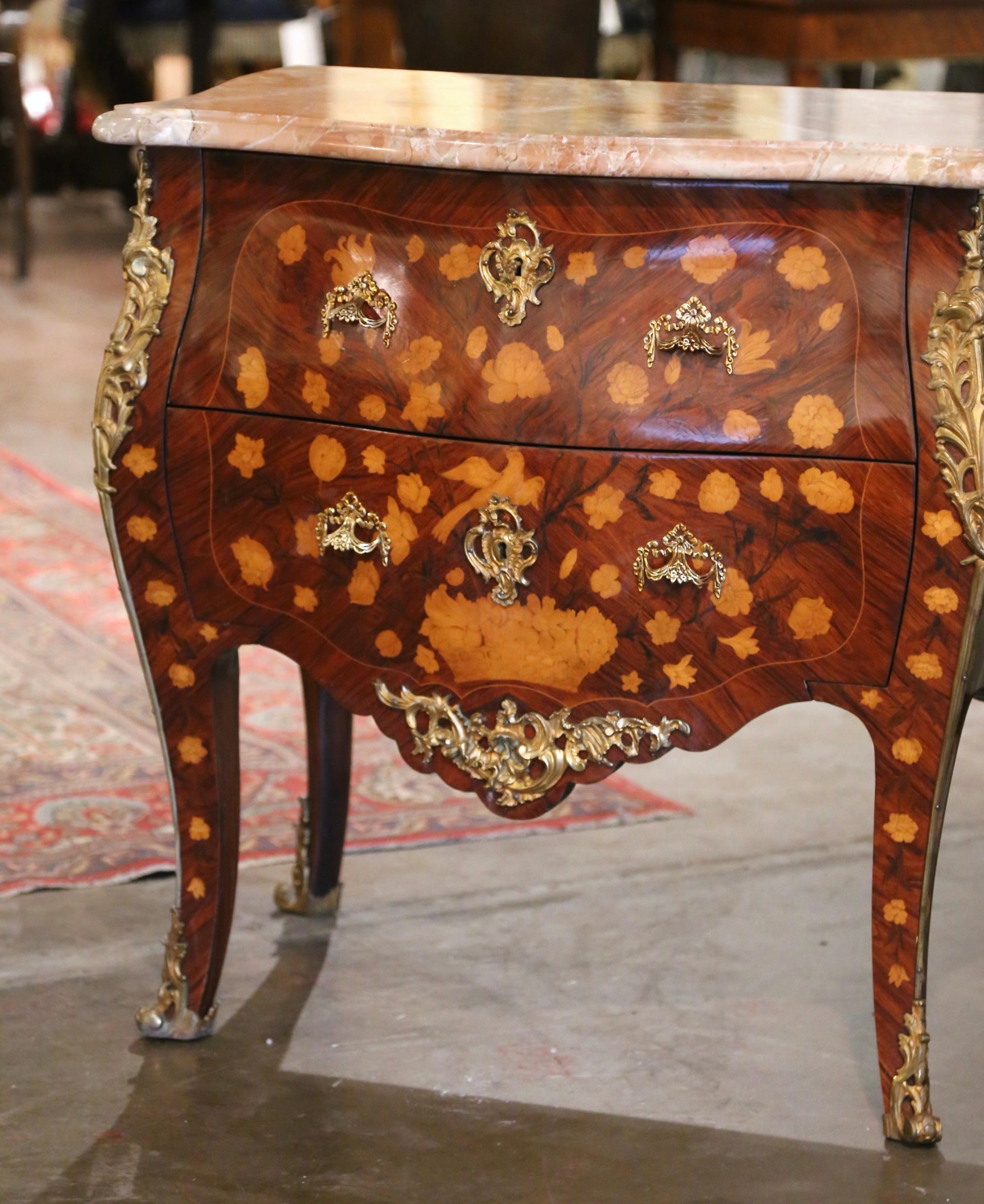 Hand-Crafted Pair of Vintage Louis XV Marble Top Marquetry and Ormolu Bombe Chests of Drawers For Sale
