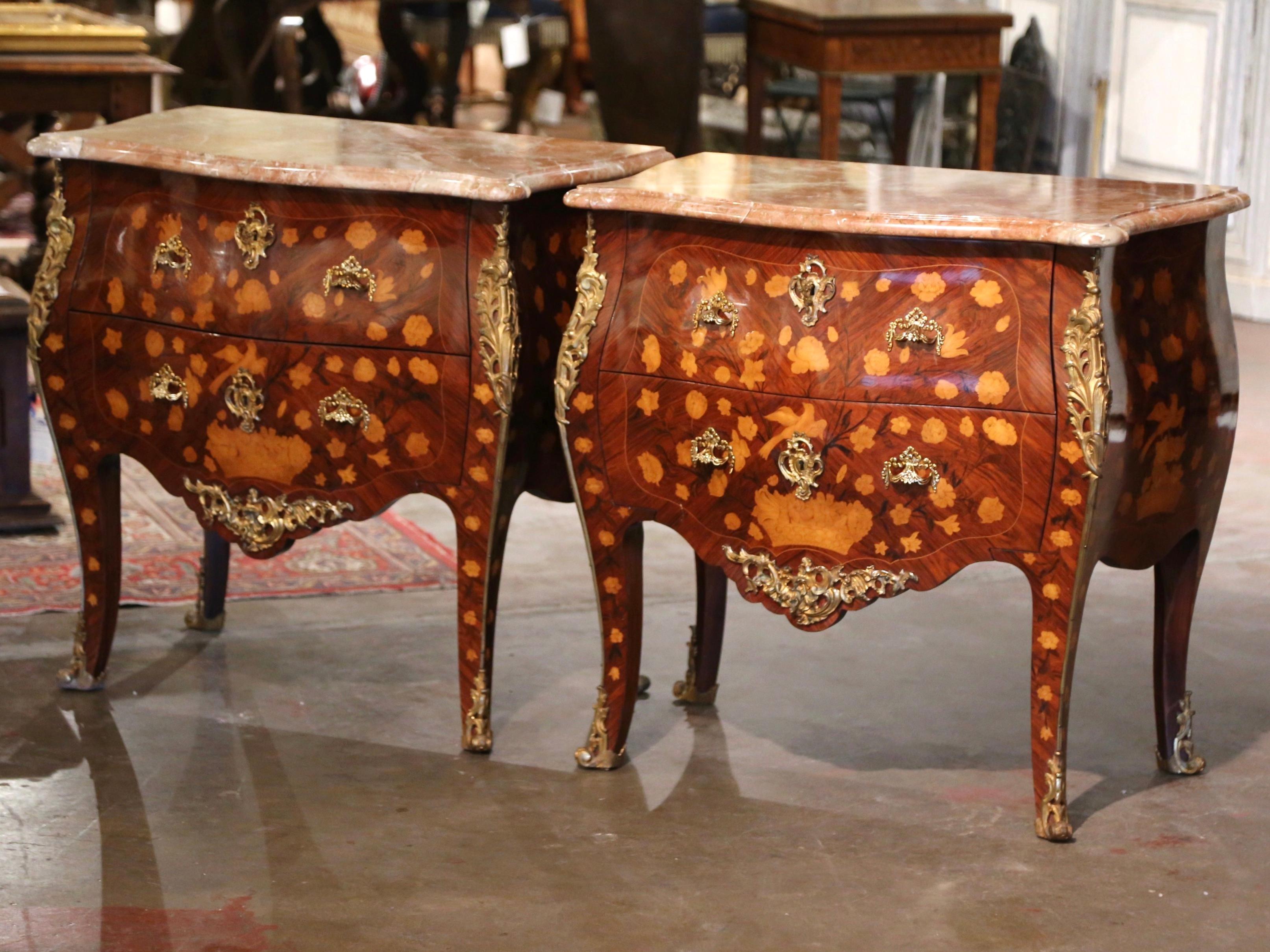 Contemporary Pair of Vintage Louis XV Marble Top Marquetry and Ormolu Bombe Chests of Drawers For Sale
