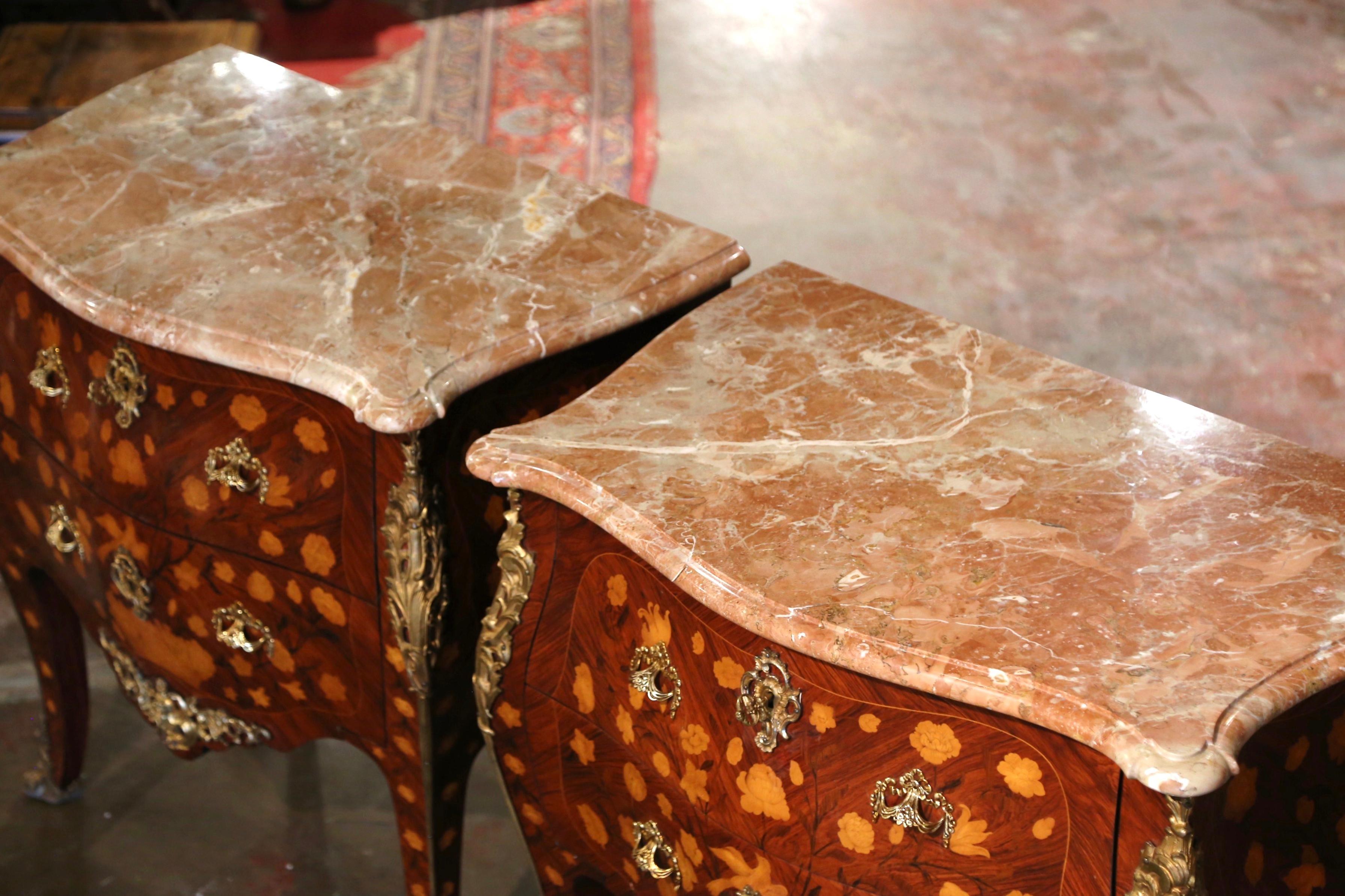 Brass Pair of Vintage Louis XV Marble Top Marquetry and Ormolu Bombe Chests of Drawers For Sale