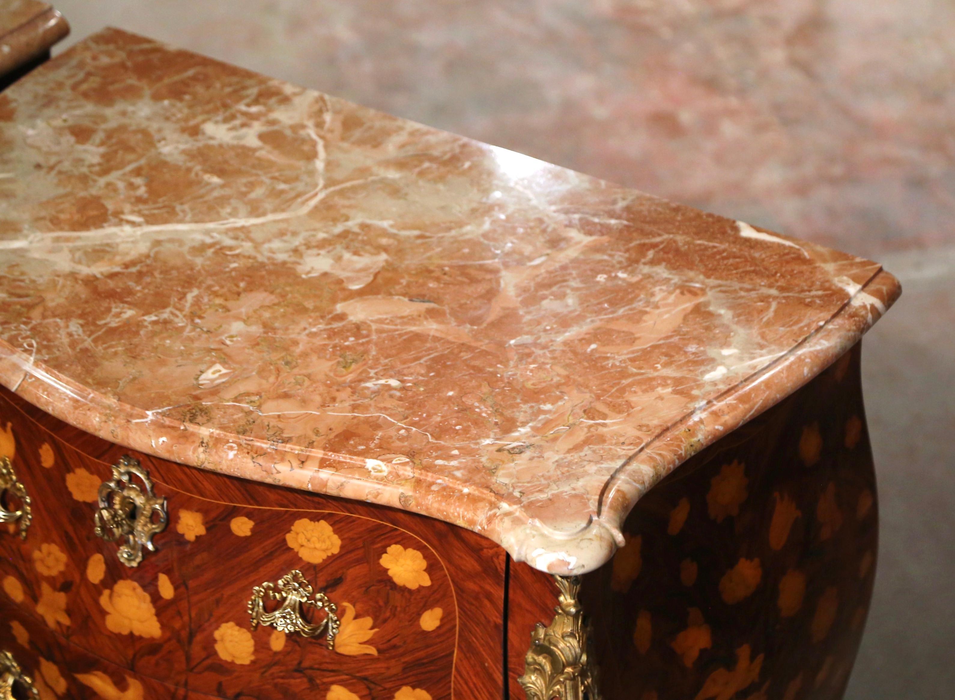Pair of Vintage Louis XV Marble Top Marquetry and Ormolu Bombe Chests of Drawers For Sale 1