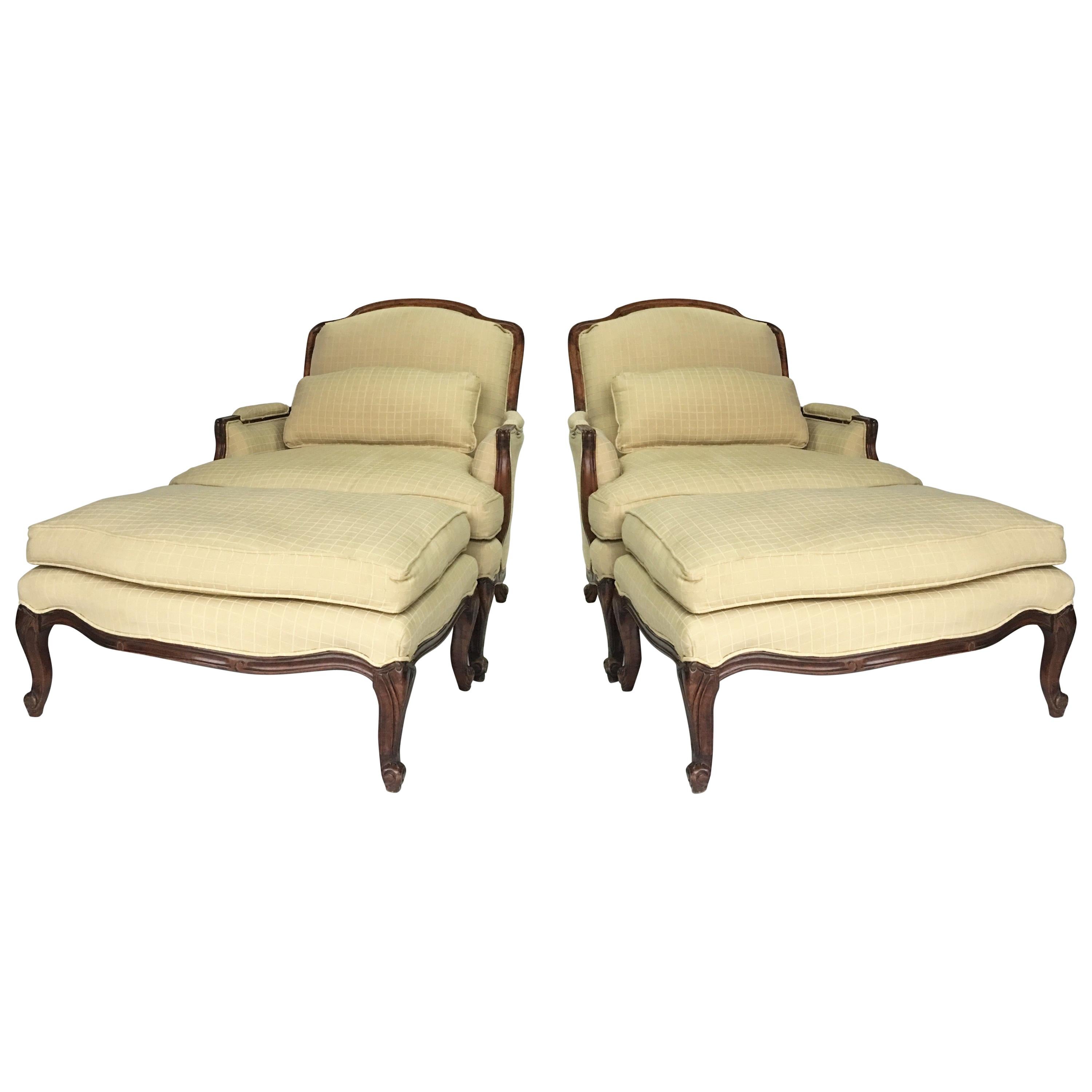 Pair of Vintage Louis XV Style Bergère Chairs and Ottomans For Sale