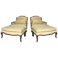 Pair of Vintage Louis XV Style Bergère Chairs and Ottomans