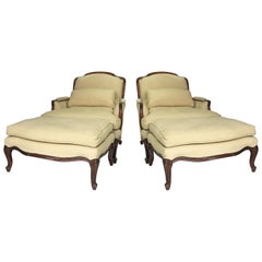 Pair of Vintage Louis XV Style Bergère Chairs and Ottomans