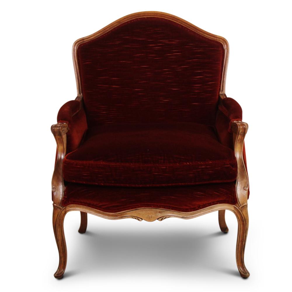 A pair of Canadian-made William Switzer Louis XV style carved walnut-framewd armchairs with deep red upholstery. Excellent condition and quality.

 