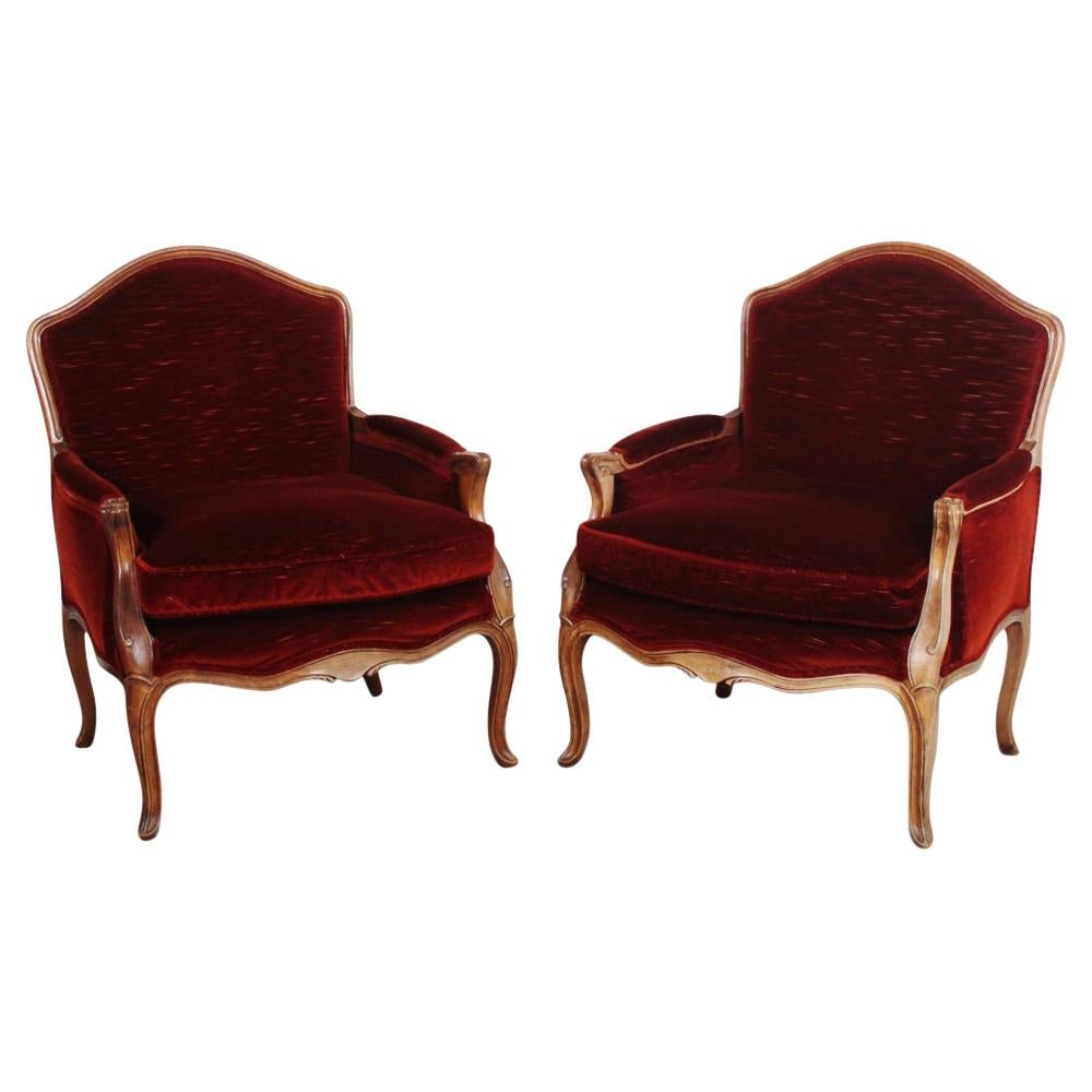 Pair of Vintage Louis XV Style Walnut Framed Armchairs