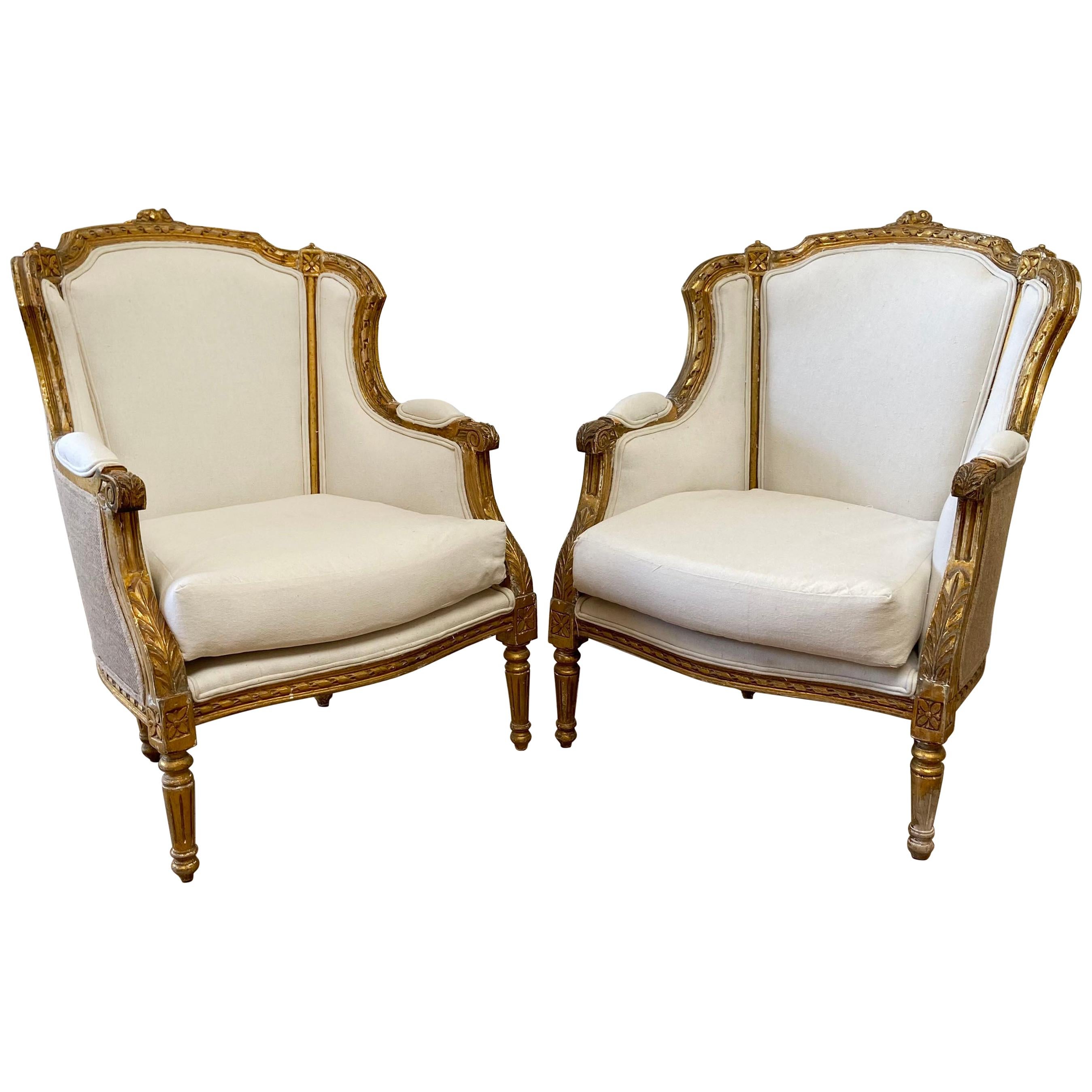 Pair of Vintage Louis XVI Style Wing Back Bergère Chairs