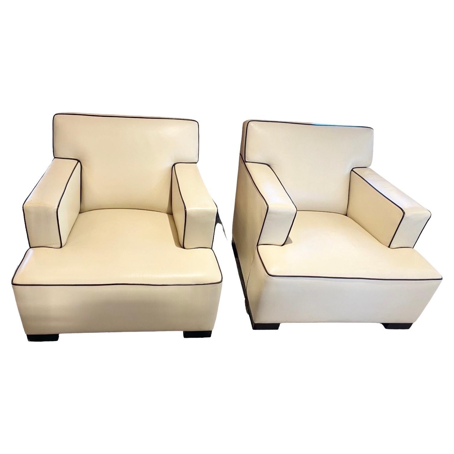 Pair of Vintage Lounge Chairs in Ivory Leather with Brown Piping at 1stDibs