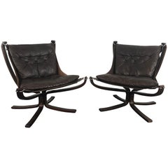 Pair of Vintage Low Back Leather Falcon Chairs Designed by Sigurd Resell