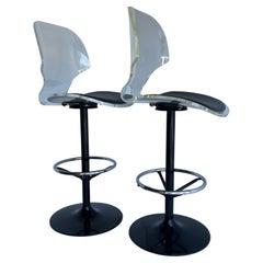 Pair of Vintage Lucite and Black-Painted Swivel Barstools