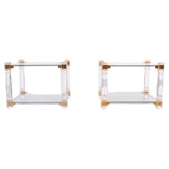 Pair of Vintage Lucite and brass side tables hollywood regency 1980s France