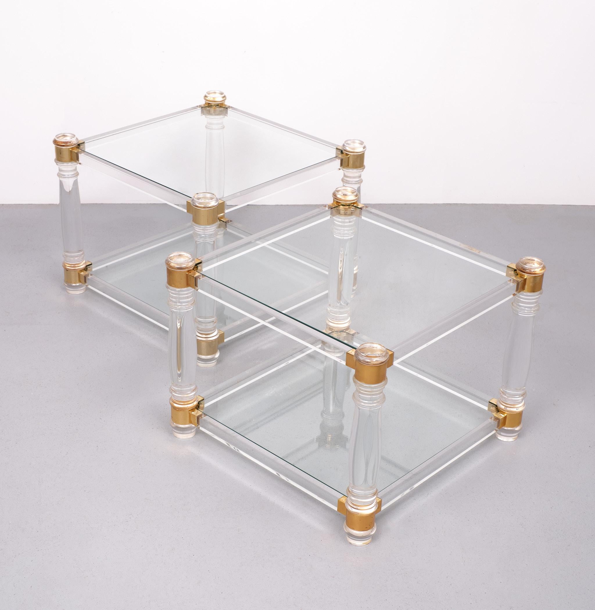 Late 20th Century Pair of Vintage Lucite and brass side tables hollywood regency 1980s France  For Sale