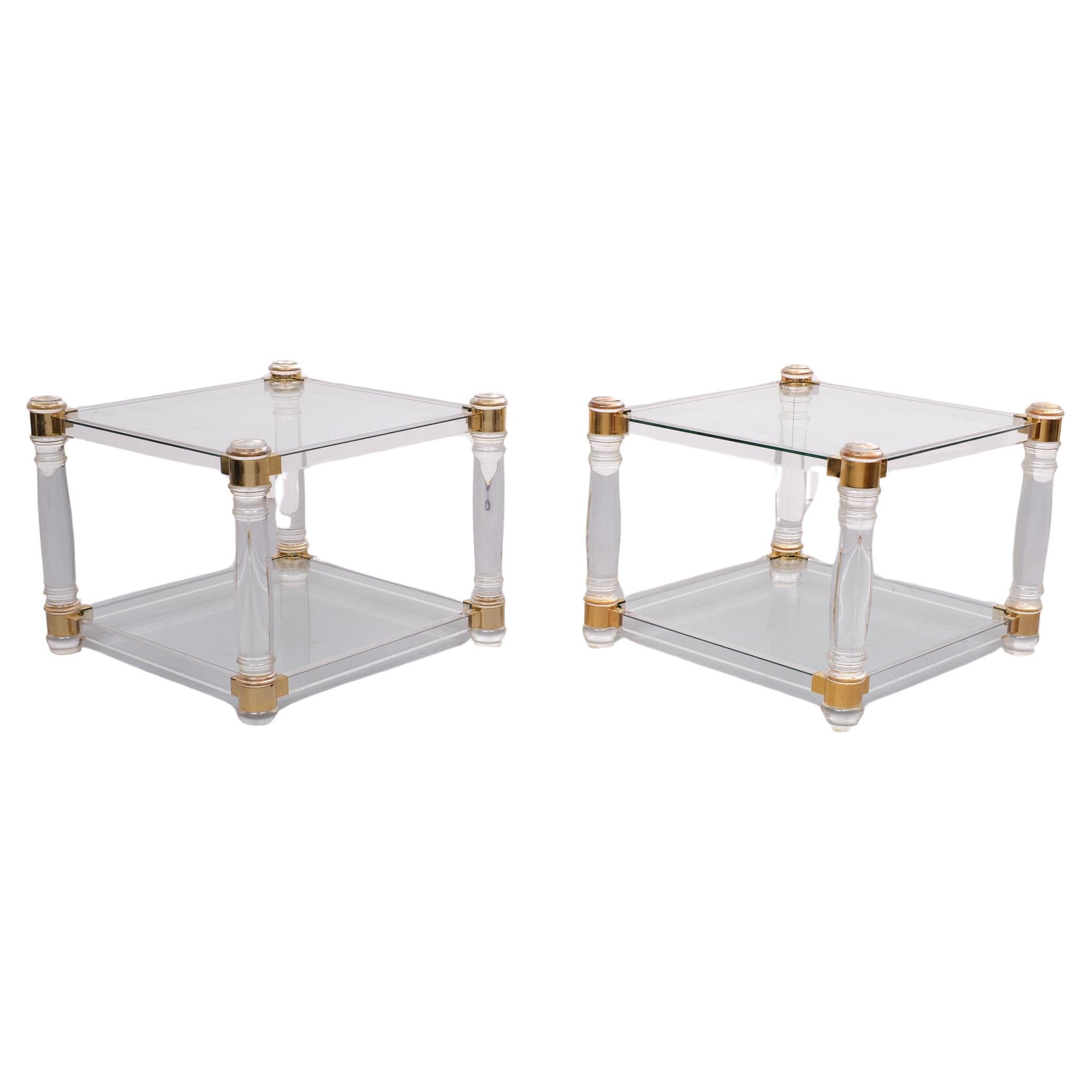 Pair of Vintage Lucite and brass side tables hollywood regency 1980s France  For Sale
