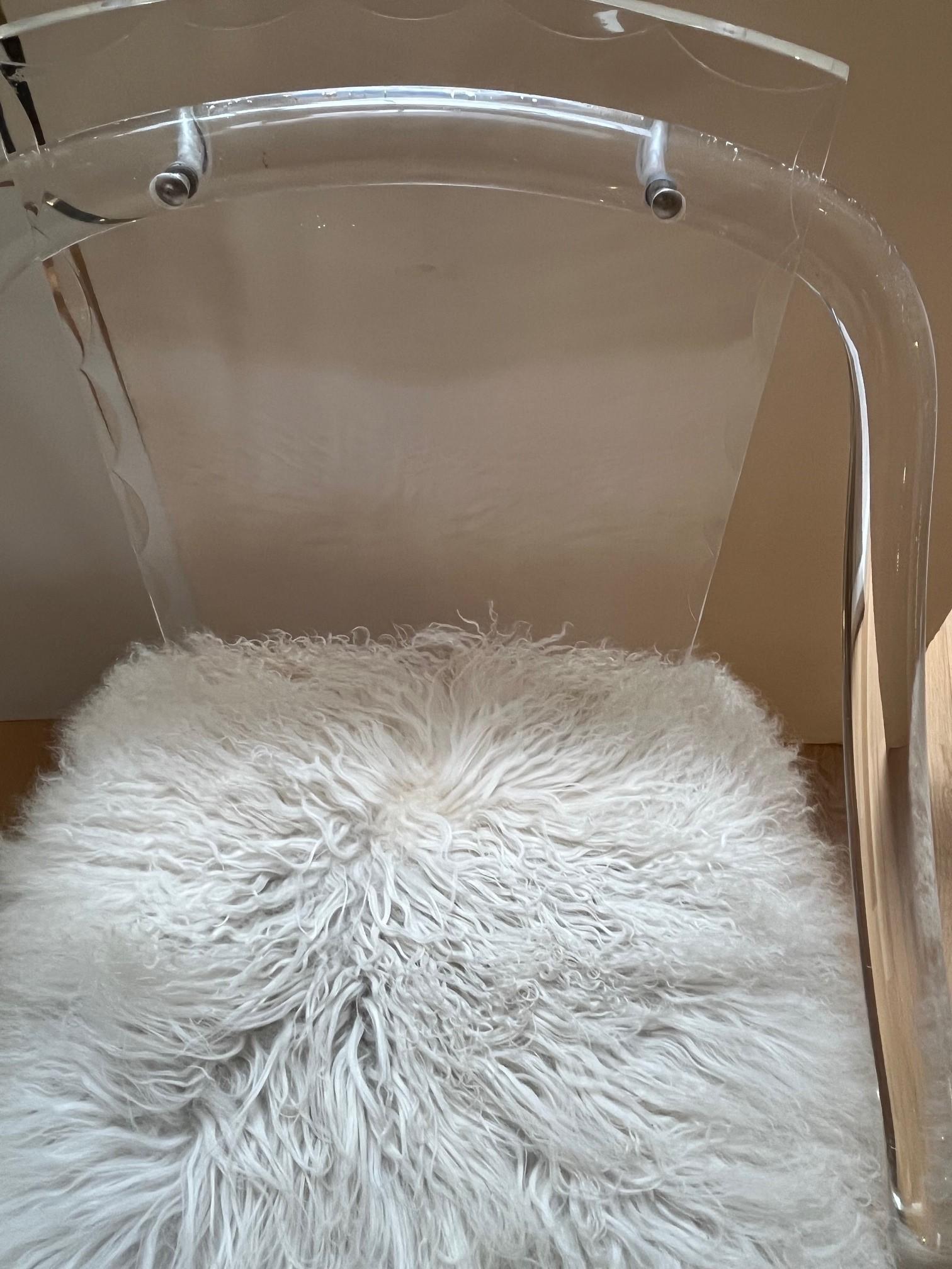 Pair of Vintage Lucite Armchairs Upholstered with Tibetan Lamb Fur Rug For Sale 7