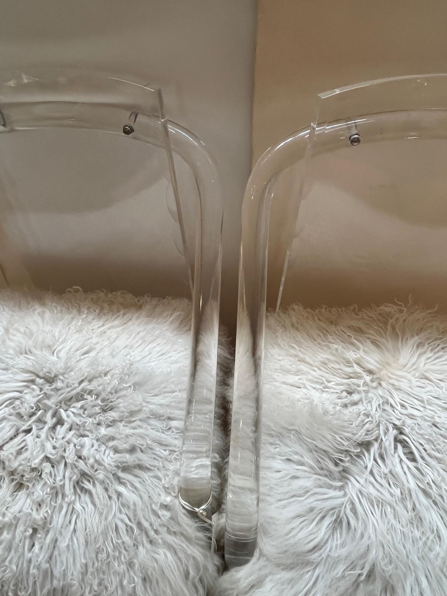 Hand-Crafted Pair of Vintage Lucite Armchairs Upholstered with Tibetan Lamb Fur Rug For Sale