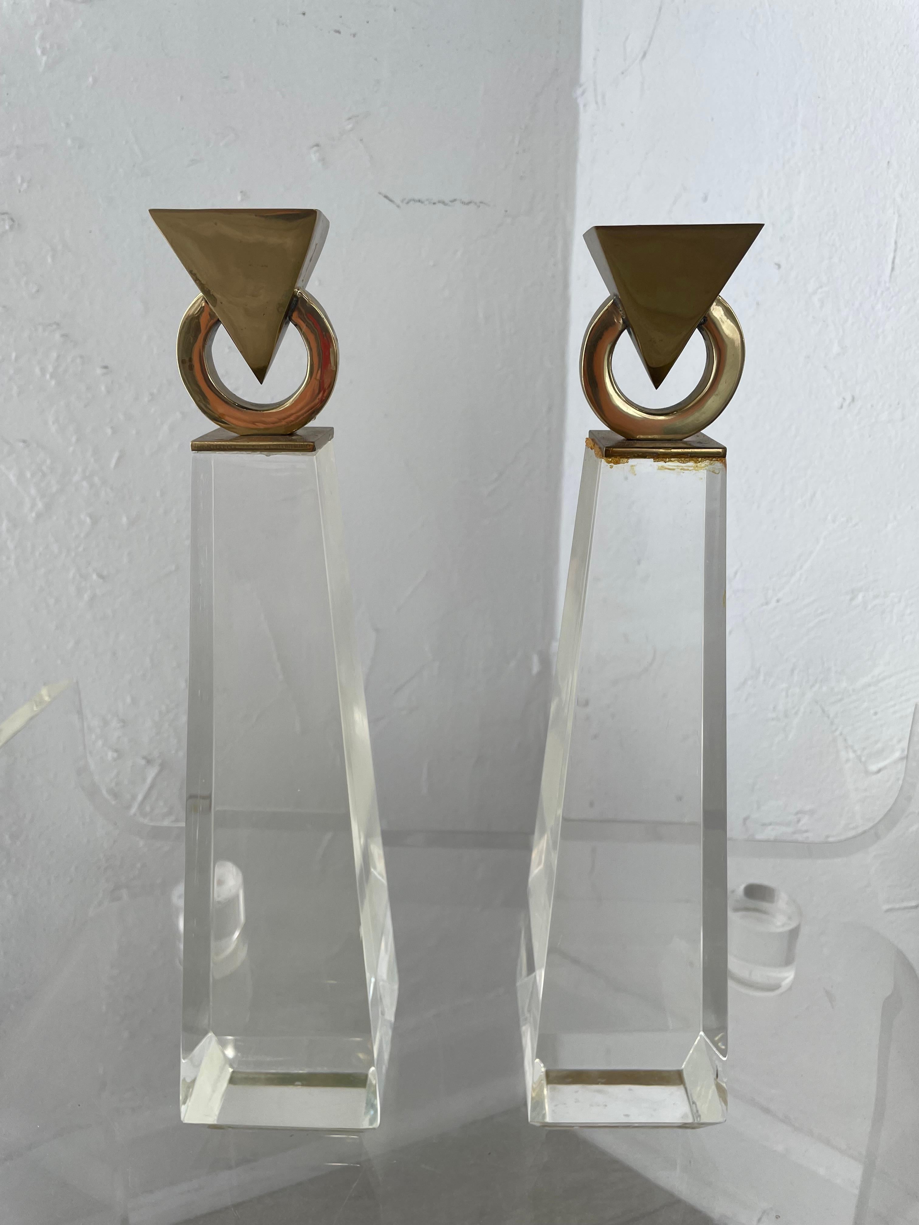 Modern Pair of Vintage Lucite Obelisque Candle Stick Holders For Sale