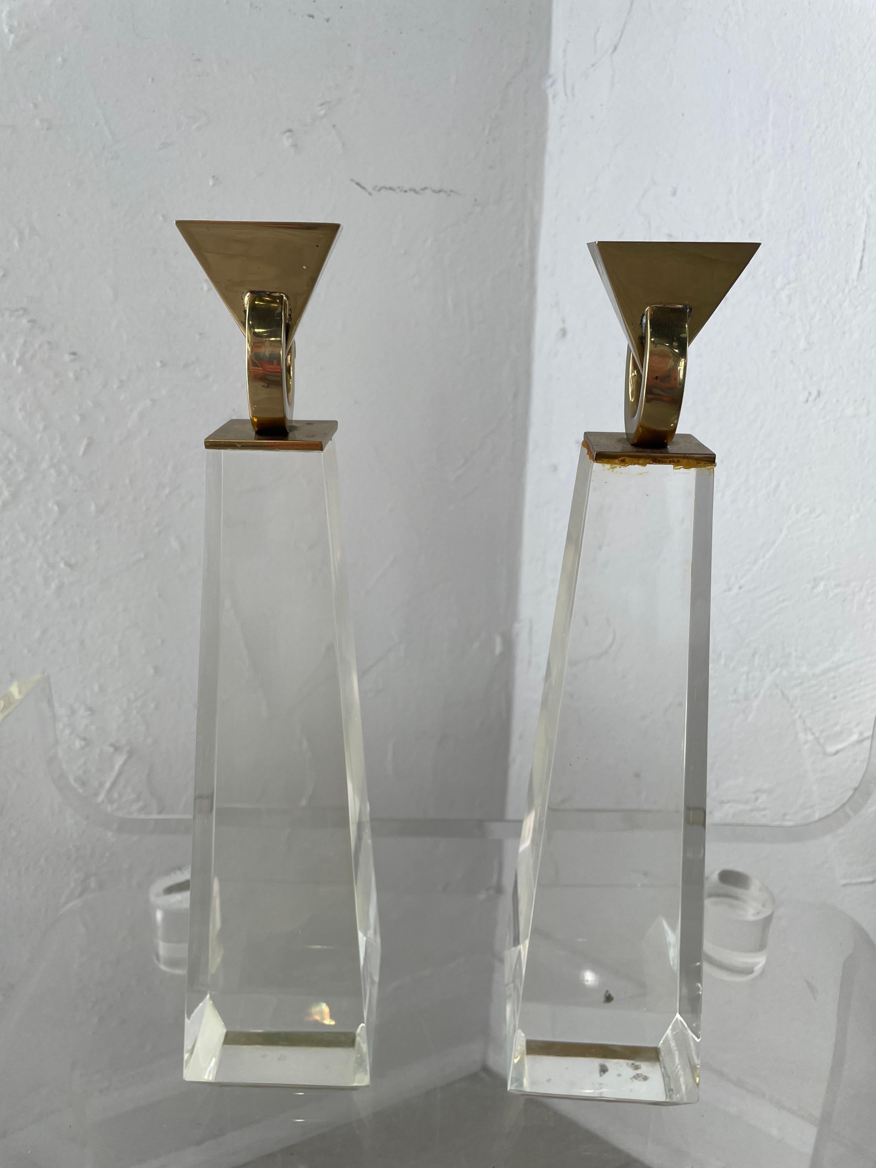 American Pair of Vintage Lucite Obelisque Candle Stick Holders For Sale