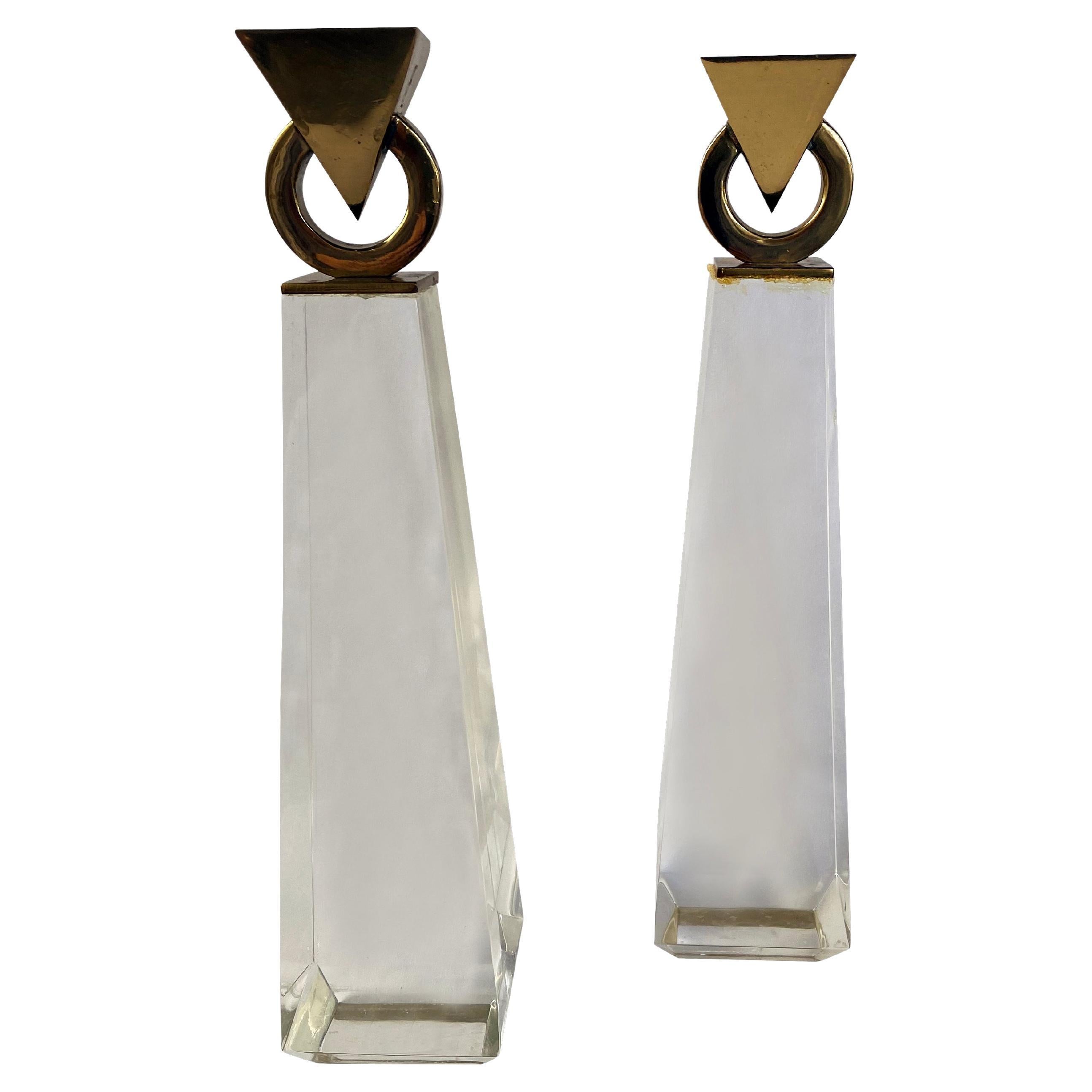 Pair of Vintage Lucite Obelisque Candle Stick Holders For Sale