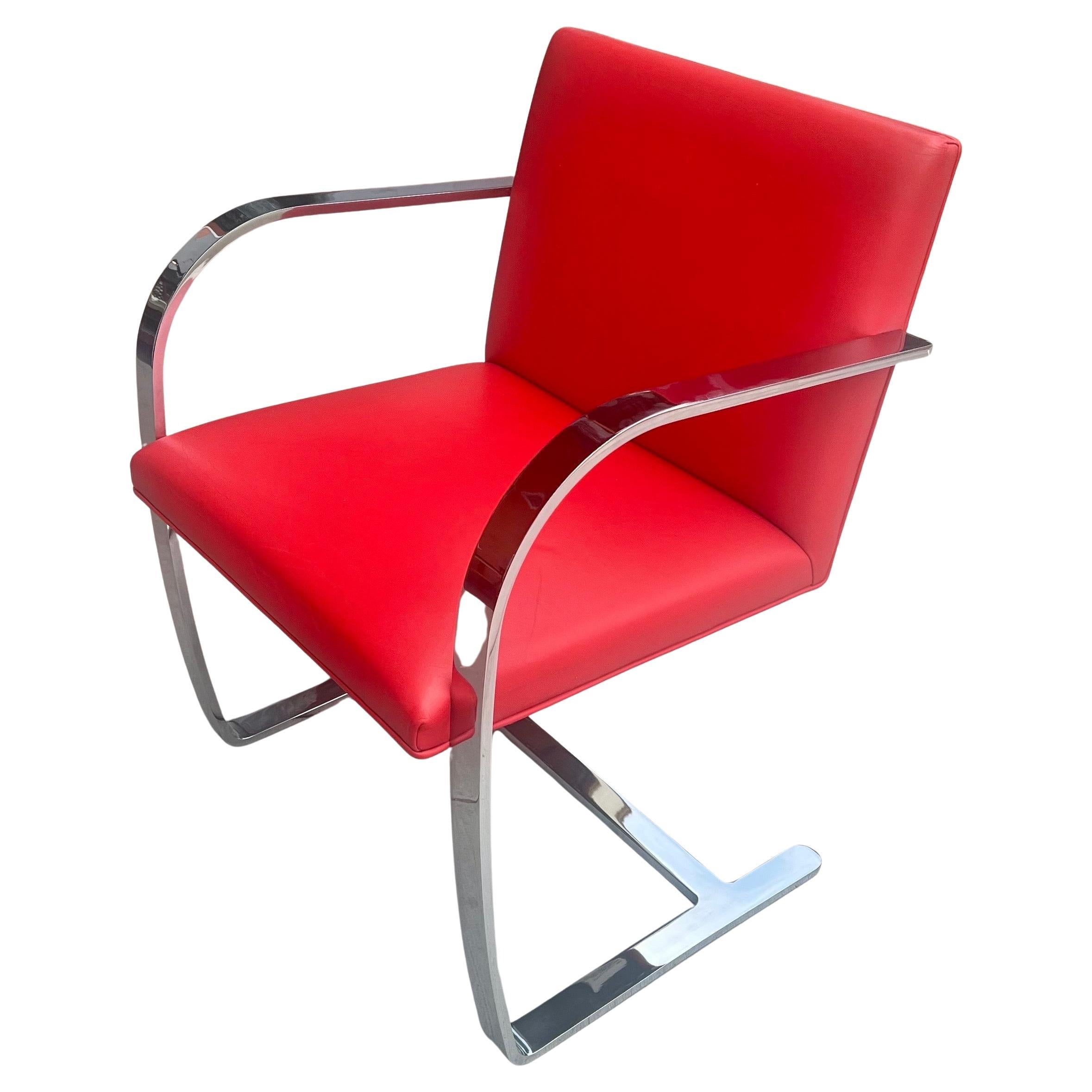 These vintage modern Brno flat bar chairs are sleek and timeless. Chairs feature cantilevered, heavy stainless steel flat-bar frames. The seat, backrest and the arched armrest . in top grain original red leather custom order.

Brno chair, flat bar.