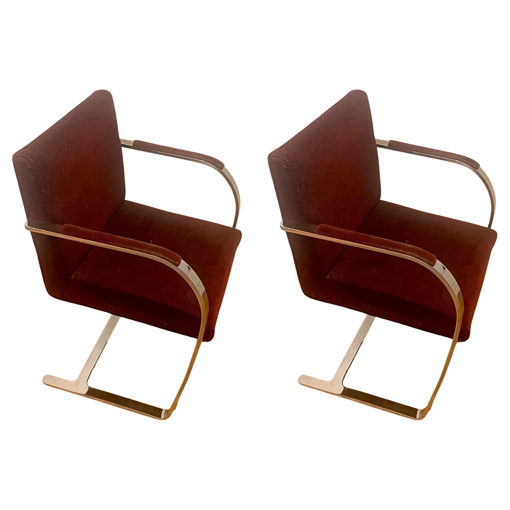 Pair of Vintage Ludwig Mies van der Rohe Flat Bar Brno Chairs For Knoll Mohair For Sale