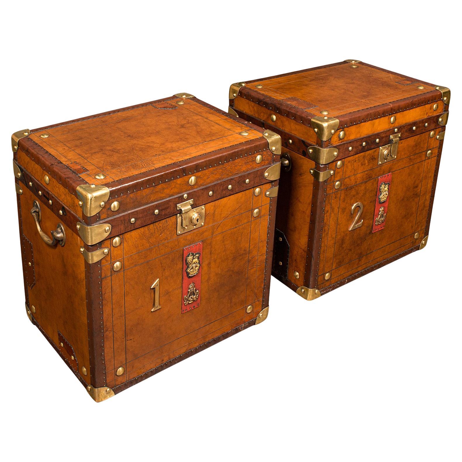Pair Of Vintage Luggage Trunks English Leather Bedside Nightstand Campaign at 1stDibs