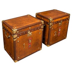Pair Of Vintage Luggage Trunks, English, Leather, Bedside Nightstand, Campaign