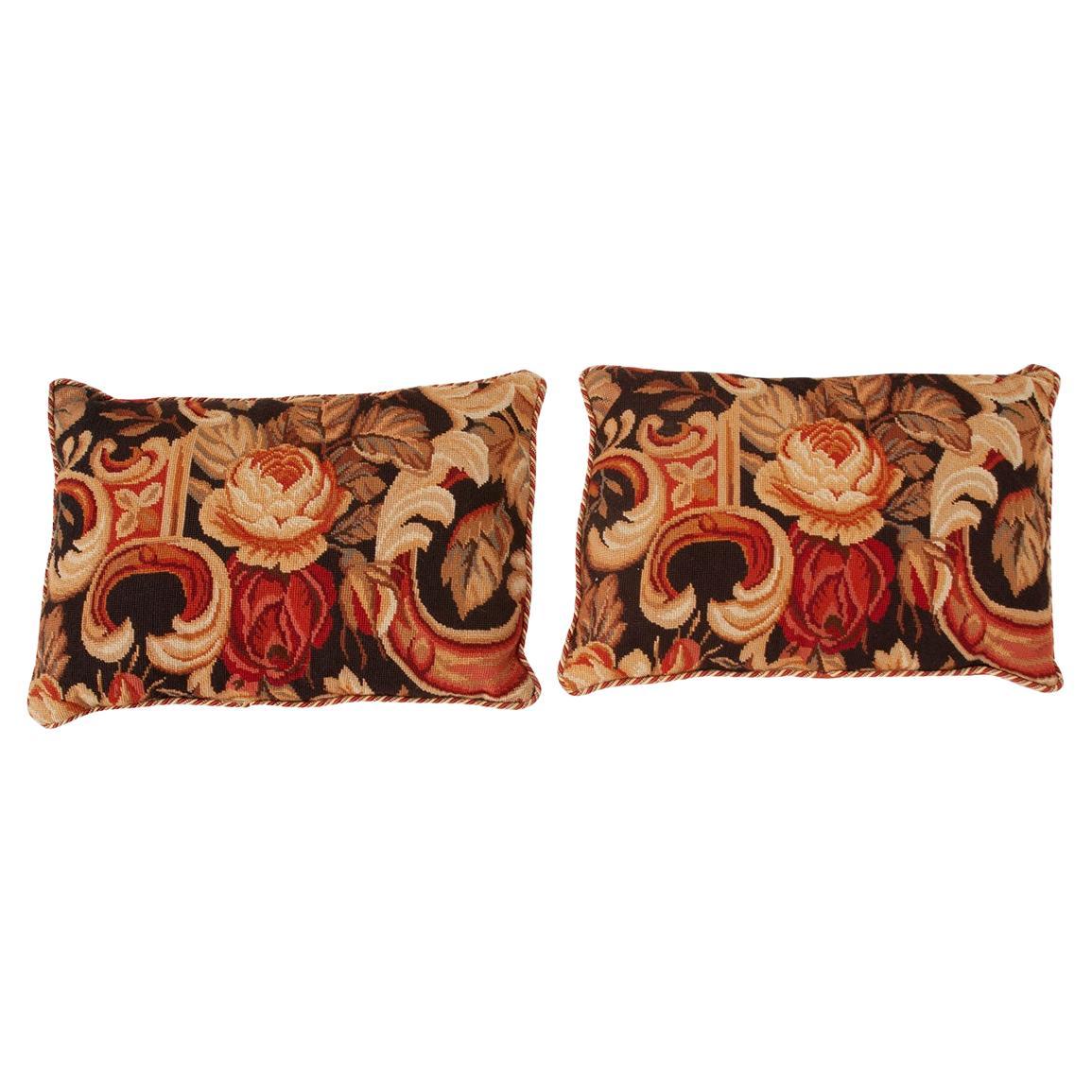 Pair of Vintage Lumbar Needlepoint Pillows For Sale