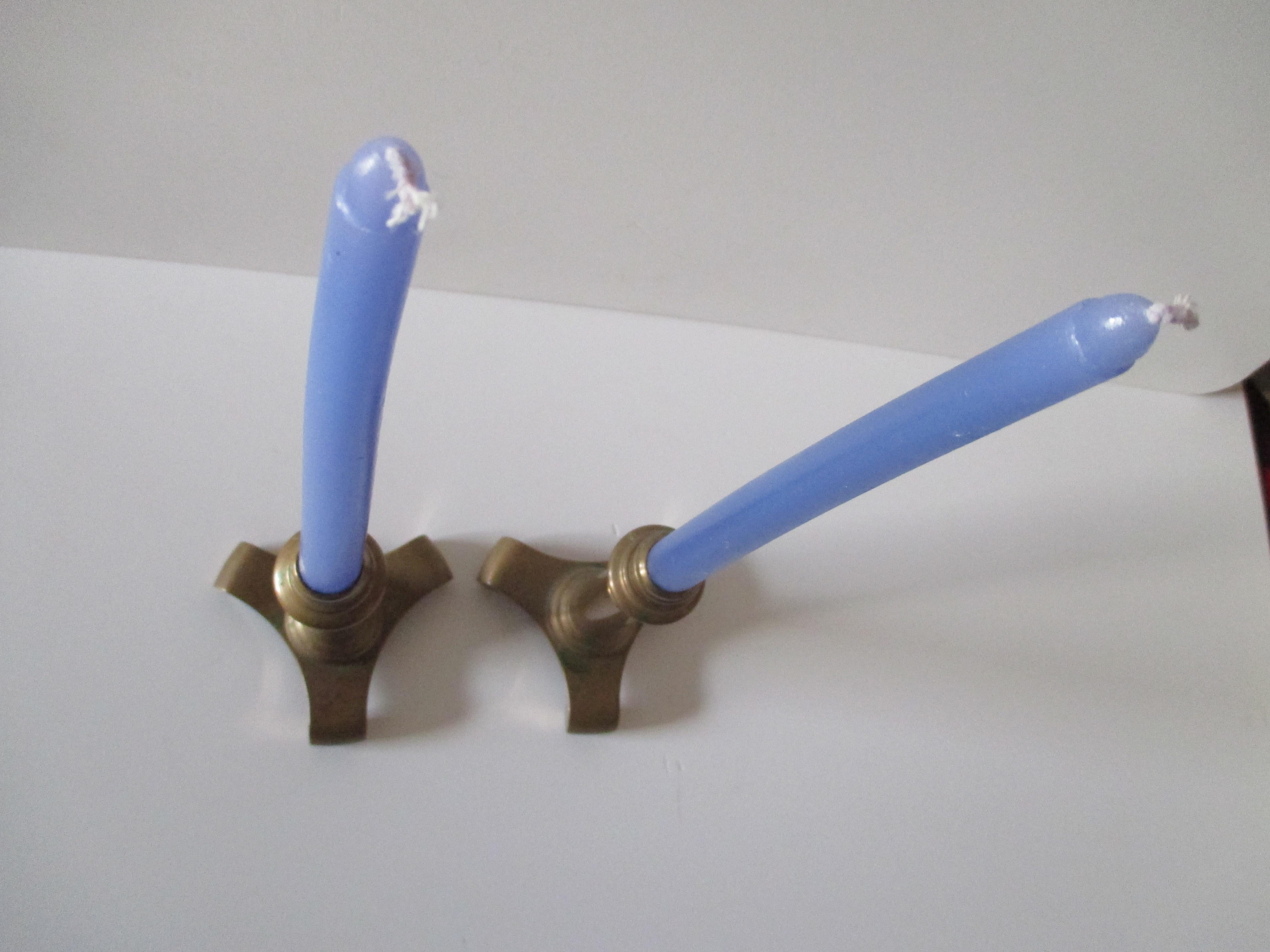 Belgian Pair of Vintage Machine Age Brass Candleholders For Sale