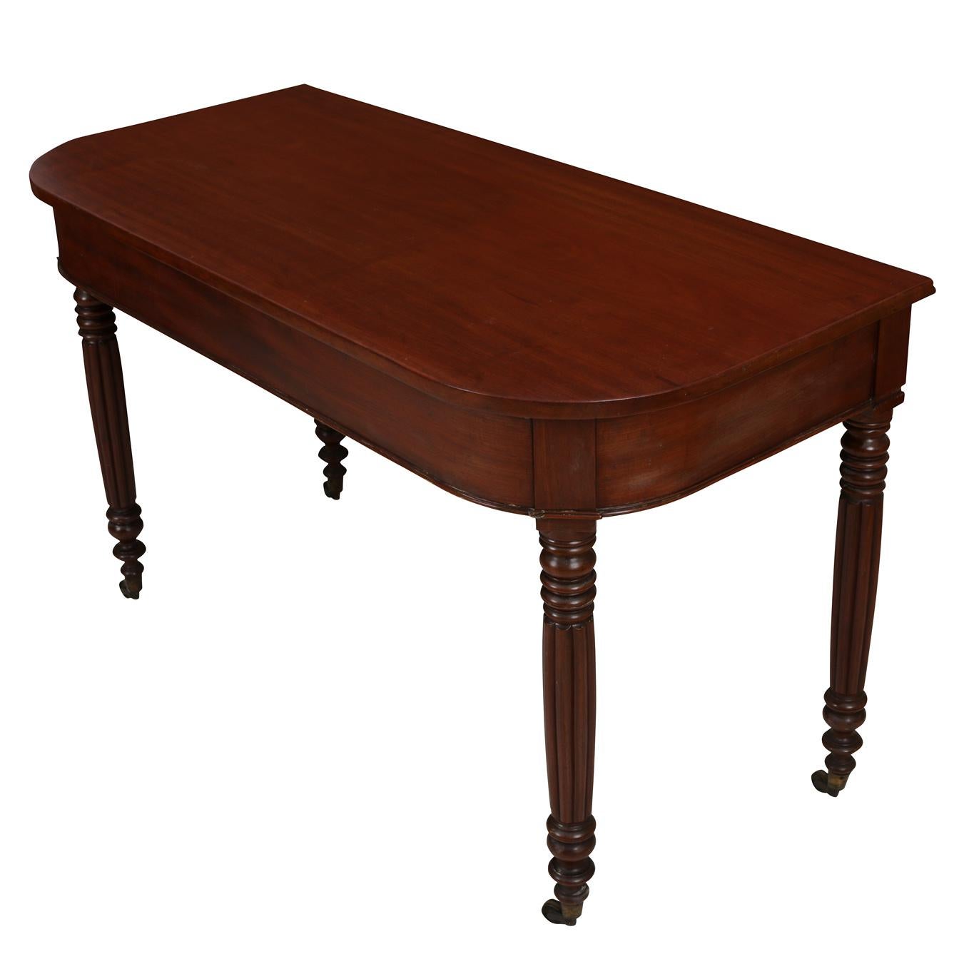 Mid-Century Modern Pair of Vintage Mahogany Demilune Tables with Fluted Legs and Wheels For Sale