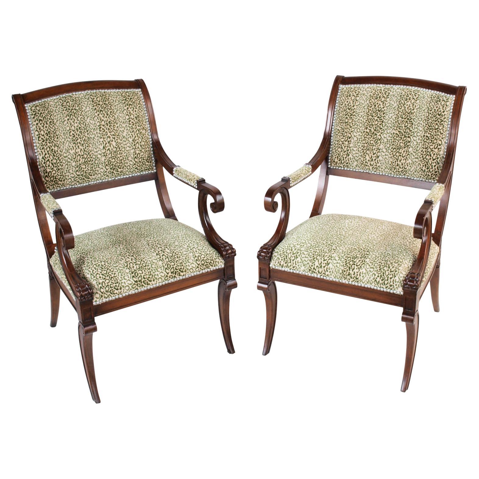 Pair of Vintage Mahogany English Regency Style Armchairs For Sale