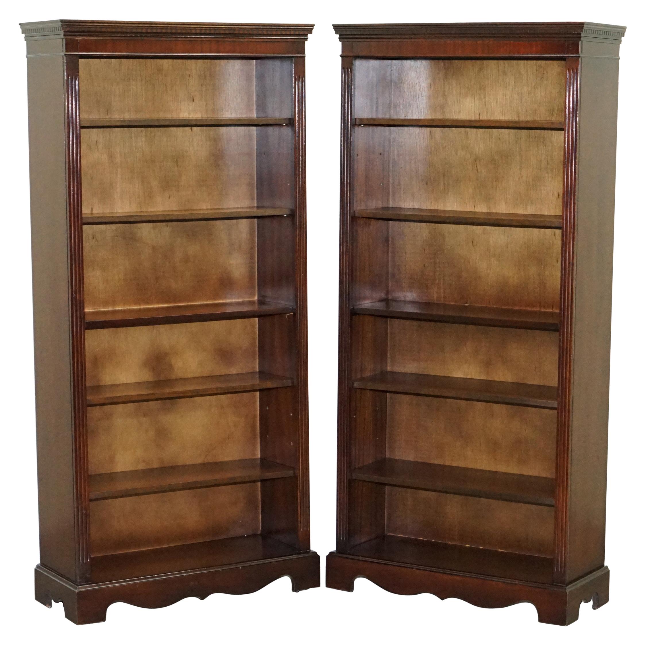 Pair of Vintage Hardwood Framed Library Bookcases on Wheels Adjustable Shelves