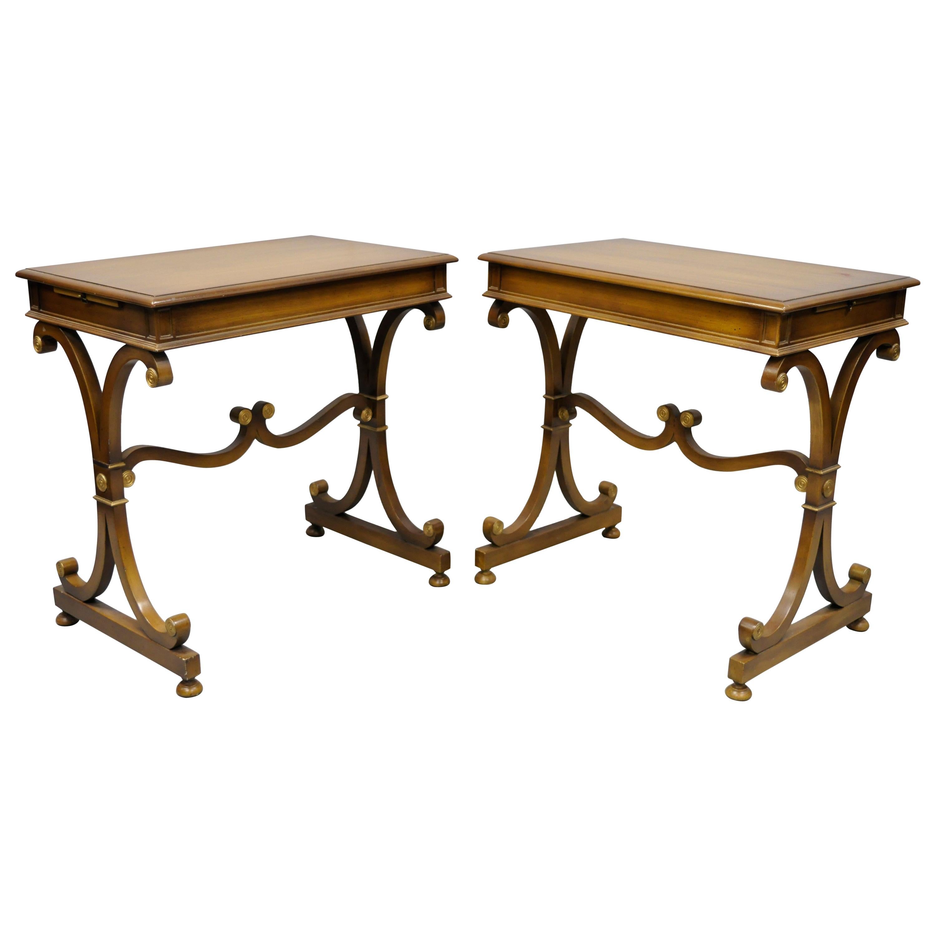Pair of Vintage Mahogany Regency Style X-Frame Lamp Side End Tables by J. Zonon For Sale