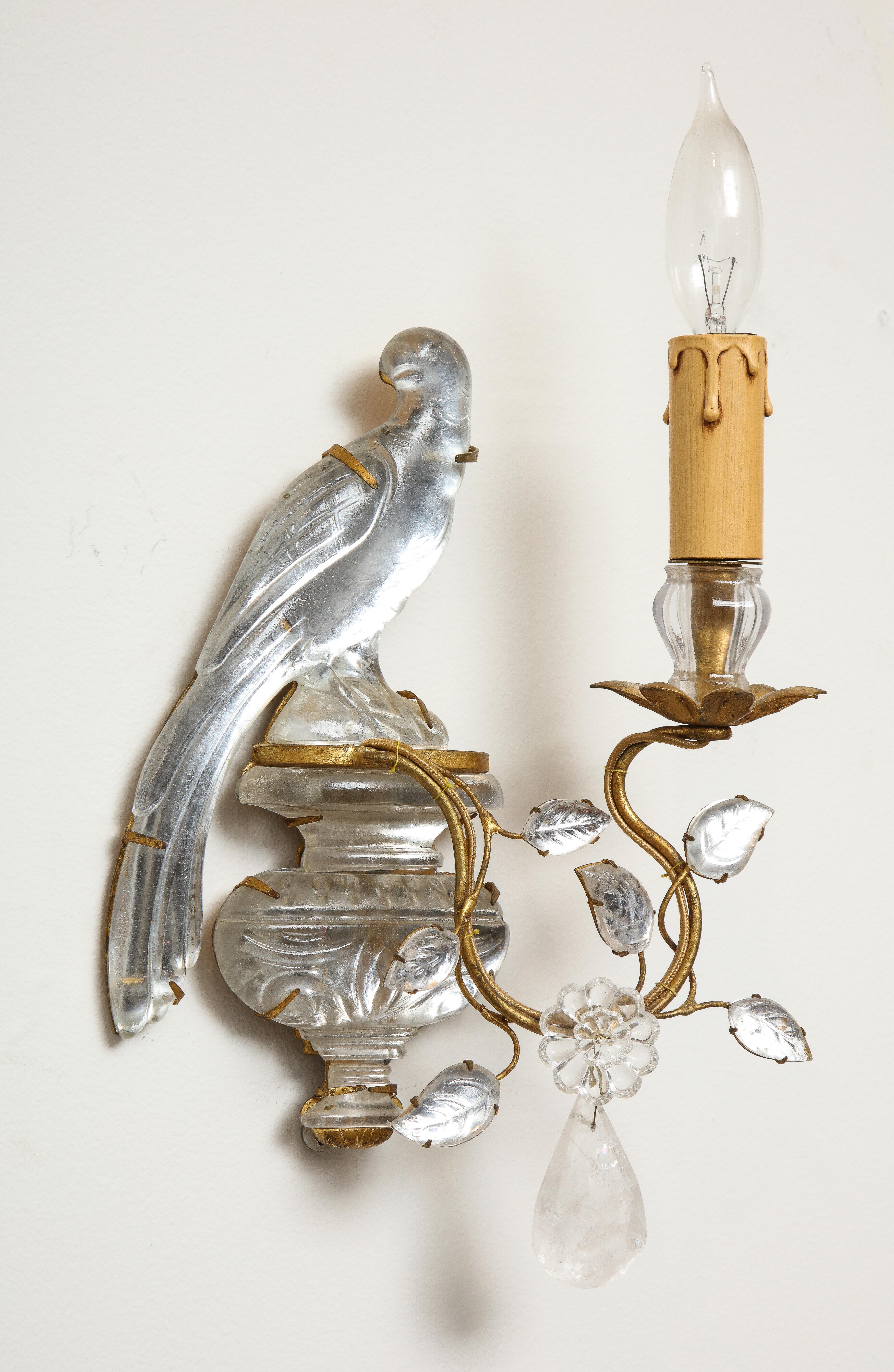 Pair of Vintage Maison Baguès Rock Crystal Bird Form Sconces 2