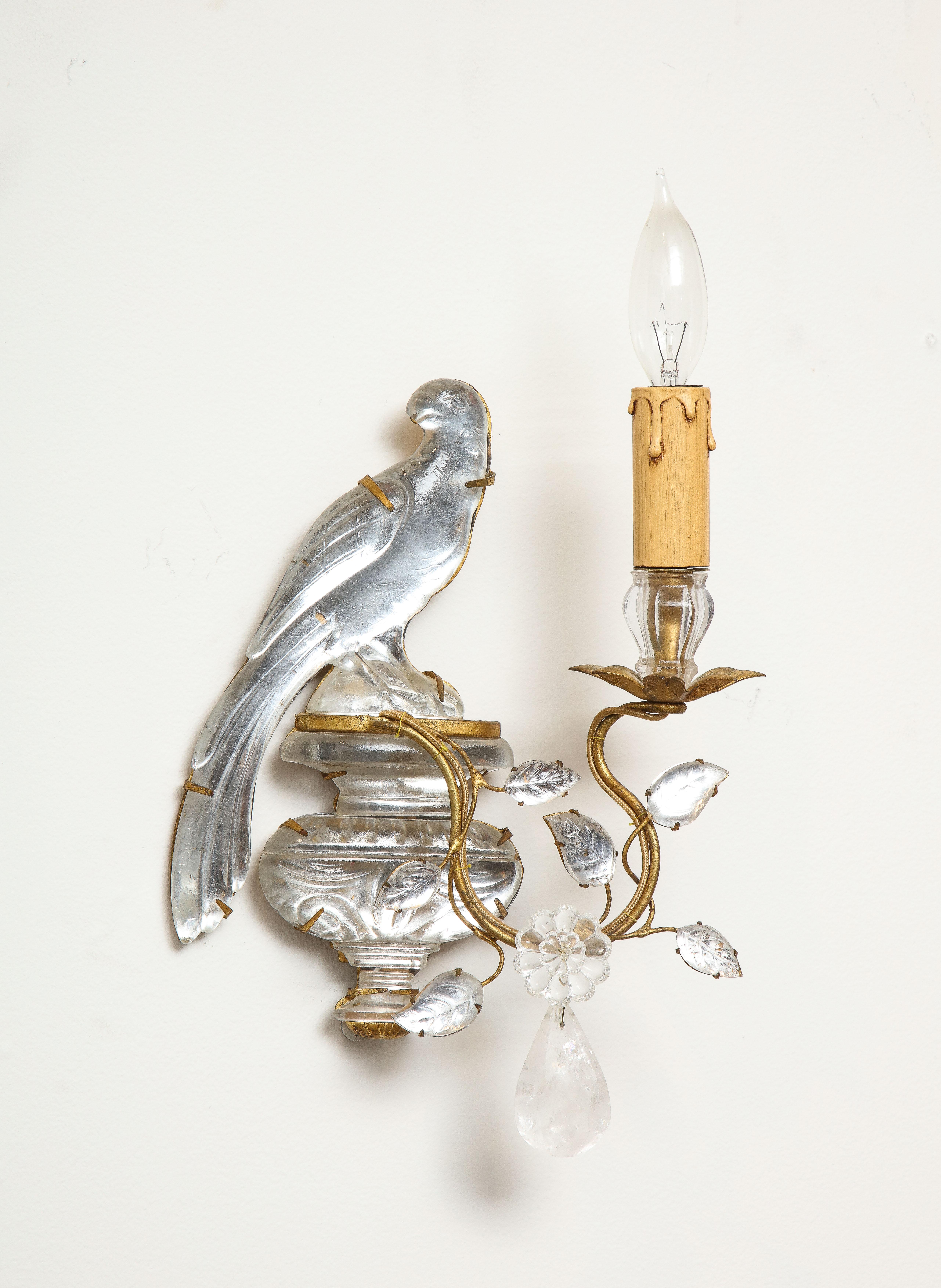 Hollywood Regency Pair of Vintage Maison Baguès Rock Crystal Bird Form Sconces